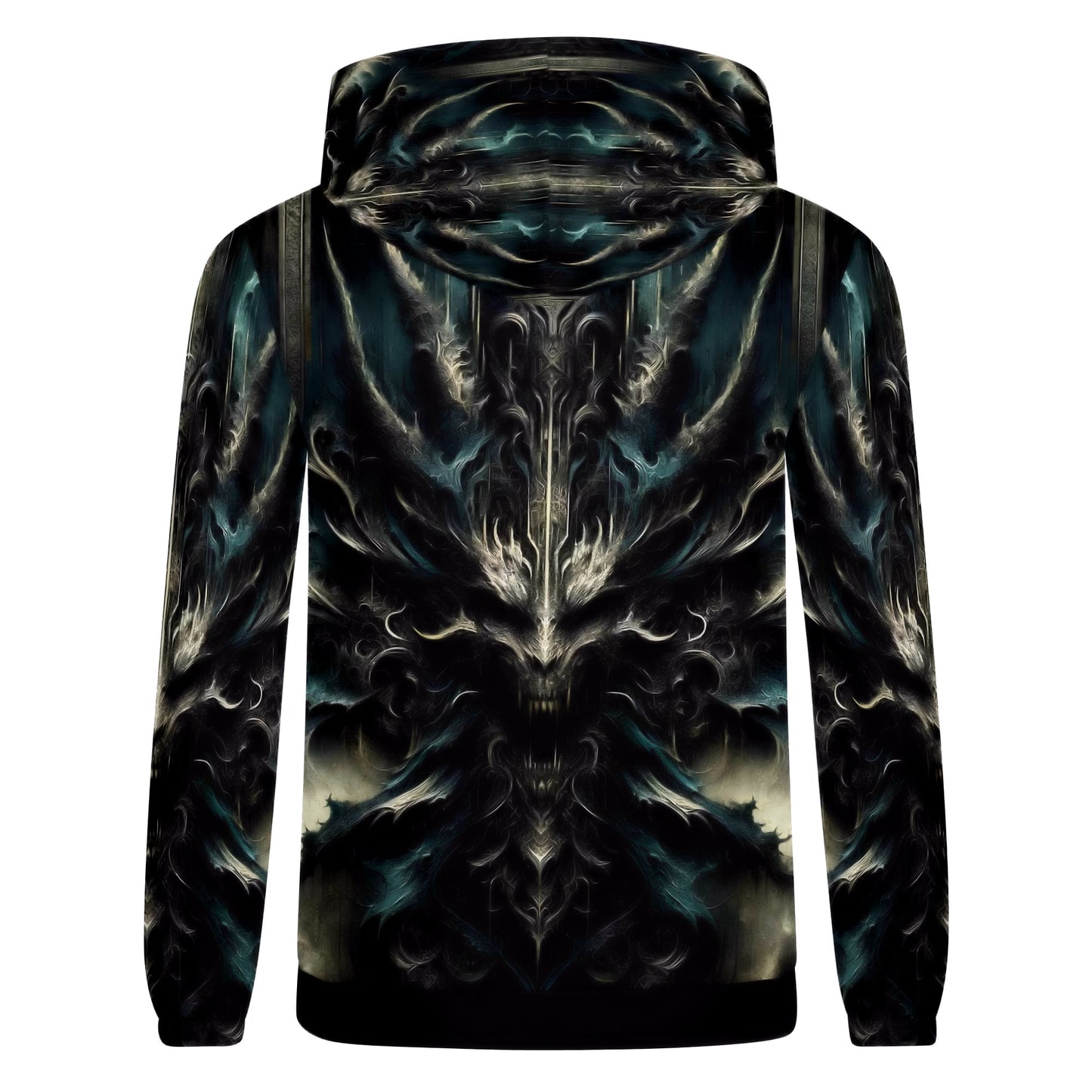 Back view of Echoes of the Underworld Cotton Terry Hoodie by Loud and Lethal with dark abstract design