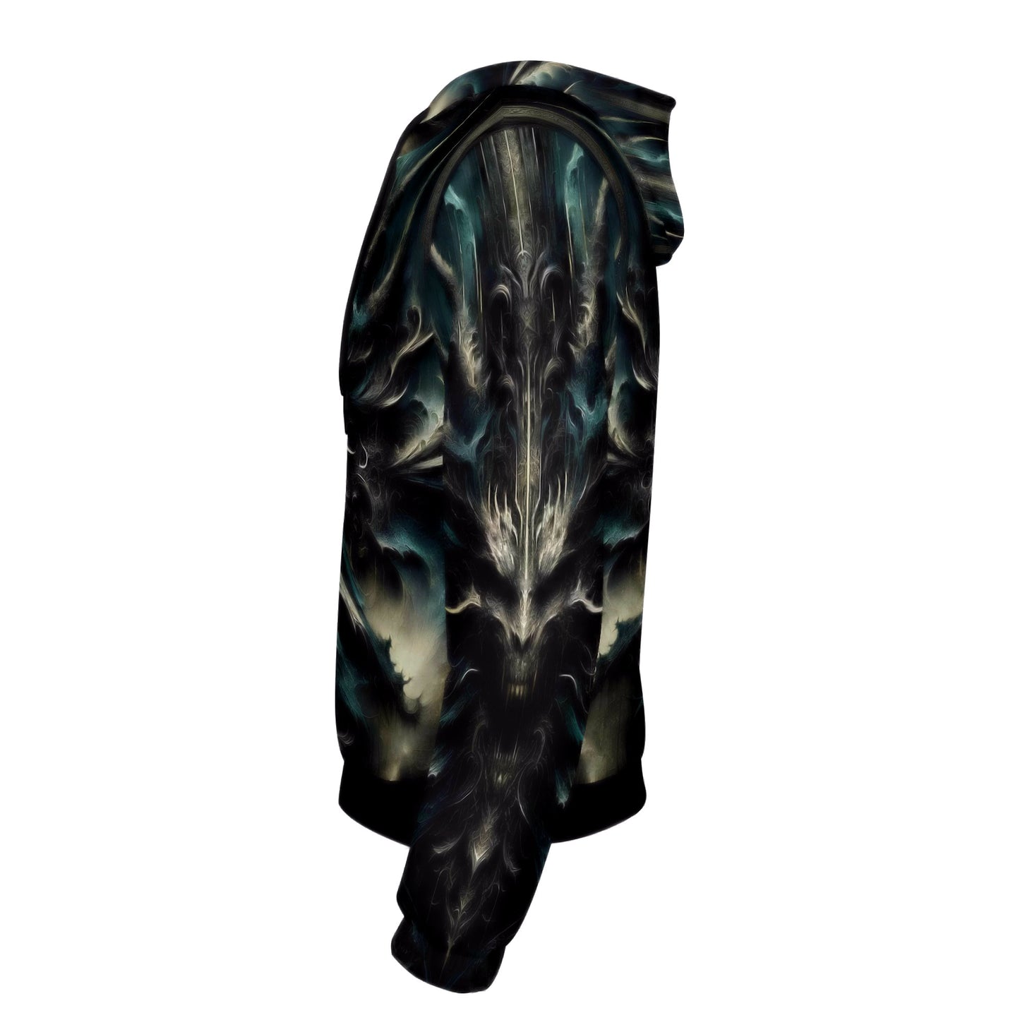 Echoes of the Underworld Cotton Terry Hoodie unisex black and teal with dark abstract design by Loud and Lethal