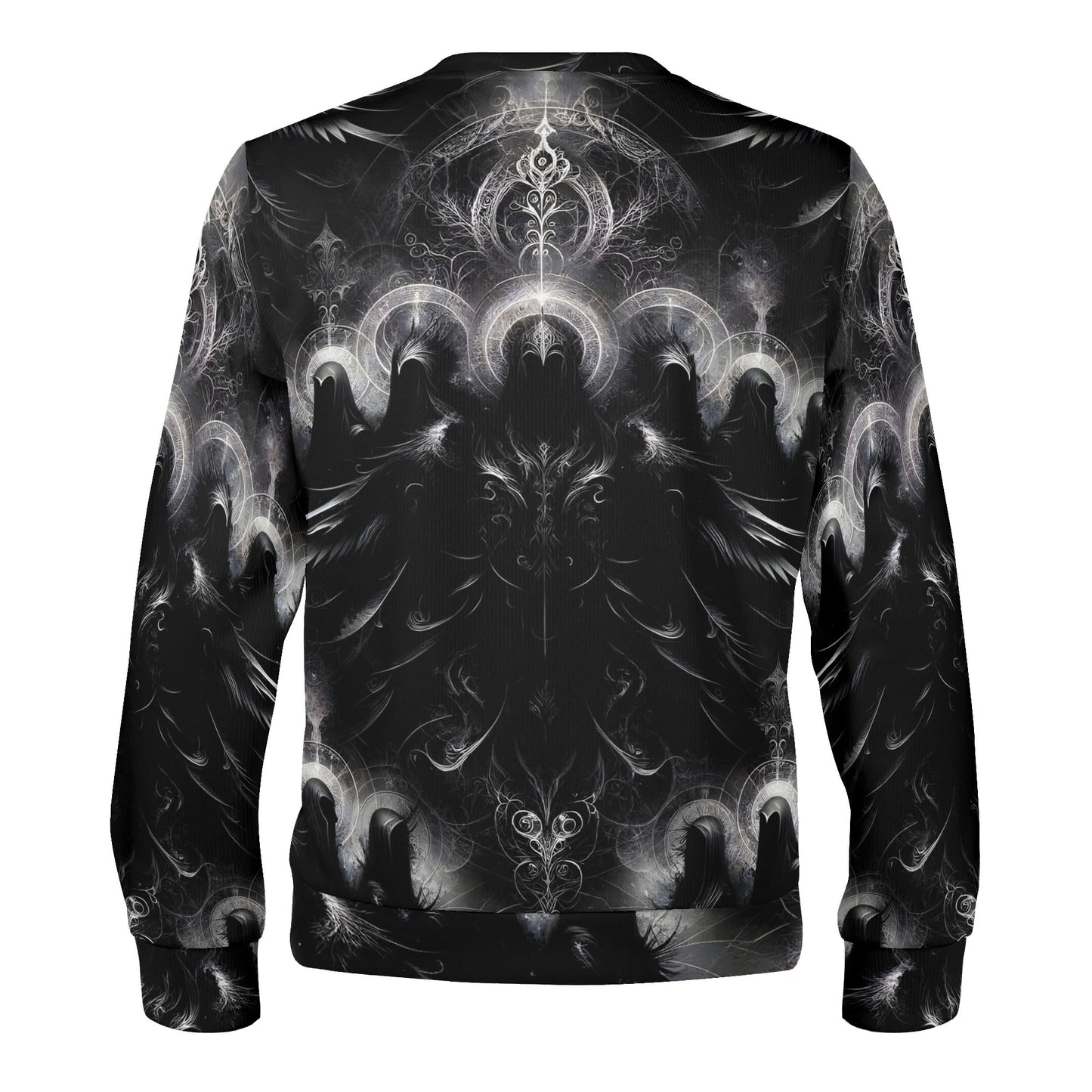 Back view Loud and Lethal unisex sweater black and white ornate eclipse print The Sacred Eclipse Poly French Terry Sweatshirt.