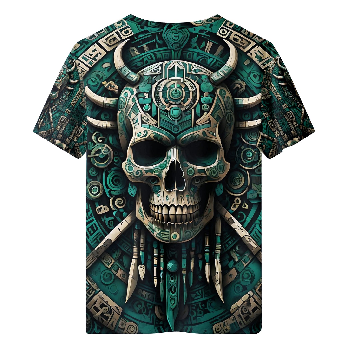 Loud and Lethal Emerald Doom 100 Cotton T-Shirt featuring a detailed skull with horns and tribal design