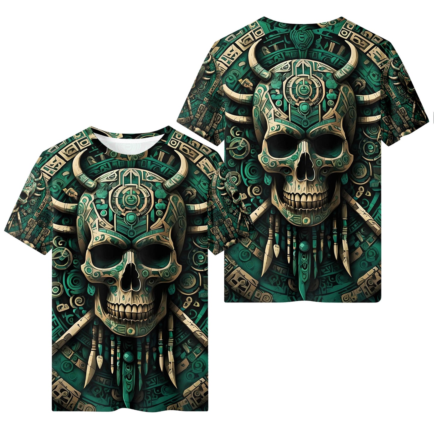 Emerald Doom 100 Cotton T-Shirt featuring unisex green skull graphic with tribal and mechanical design