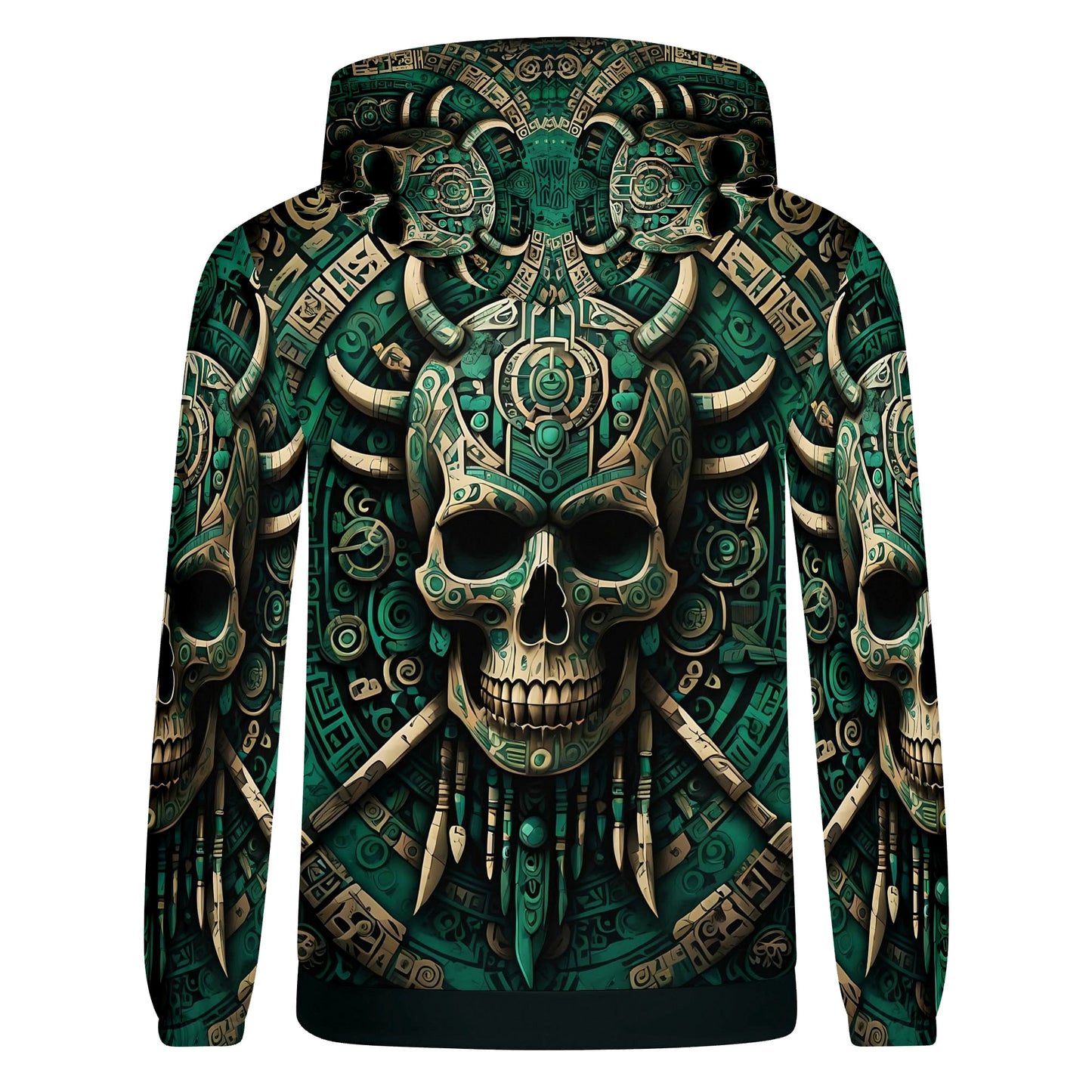 Emerald Doom Cotton Terry hoodie with detailed skull and tribal design in green and beige tones