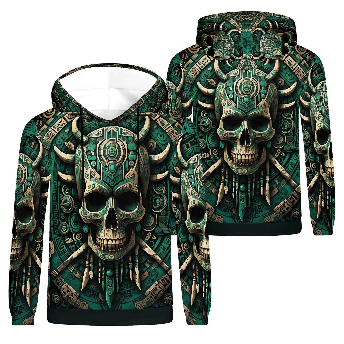 Emerald Doom Cotton Terry hoodie with intricate skull and tribal design in green and beige tones