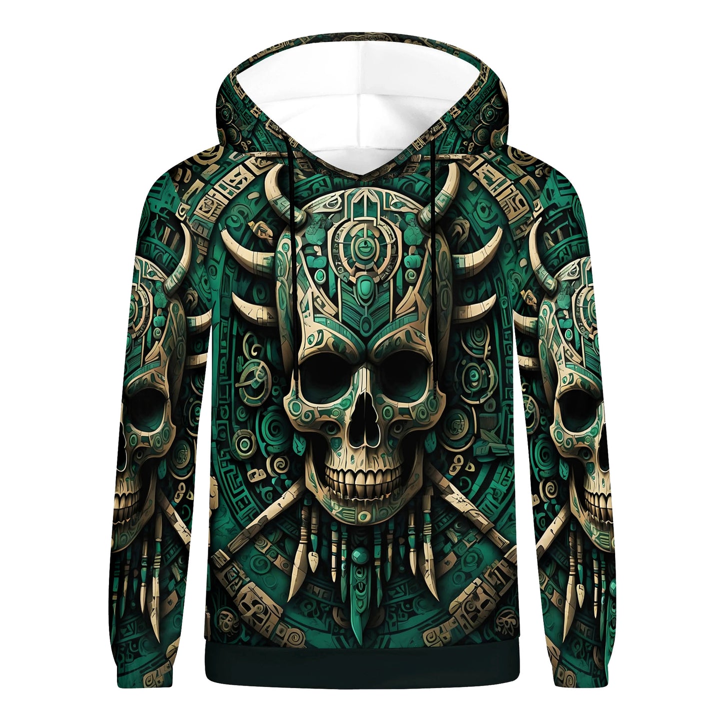 Emerald Doom Cotton Terry hoodie featuring a detailed skull and tribal design in green and beige tones