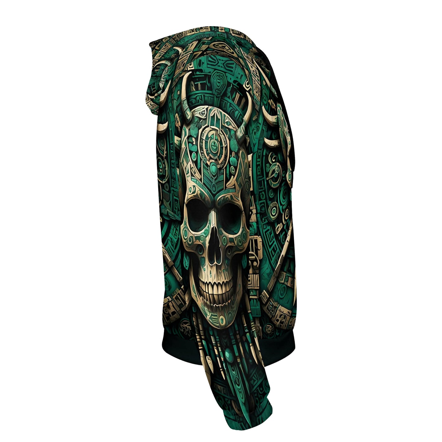 Emerald Doom Cotton Terry hoodie with detailed skull and intricate green tribal design on sleeve and hood
