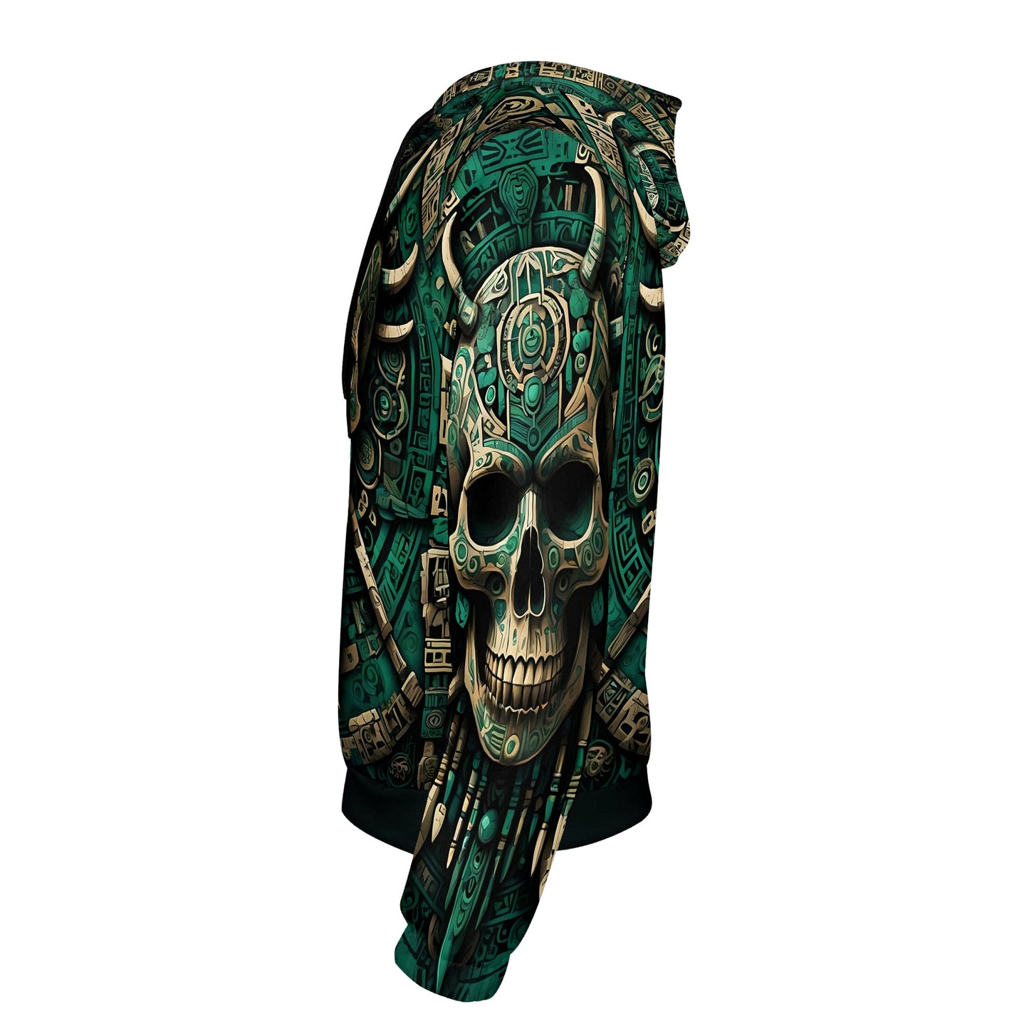 Side view of Loud and Lethal Emerald Doom Cotton Terry hoodie with detailed skull and mechanical design