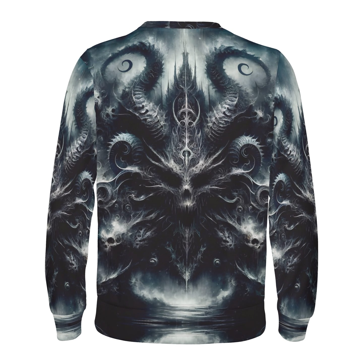 Ashen Spiral of the Endborn Poly French Terry Sweatshirt. Unisex crewneck with dark tentacle skull back print