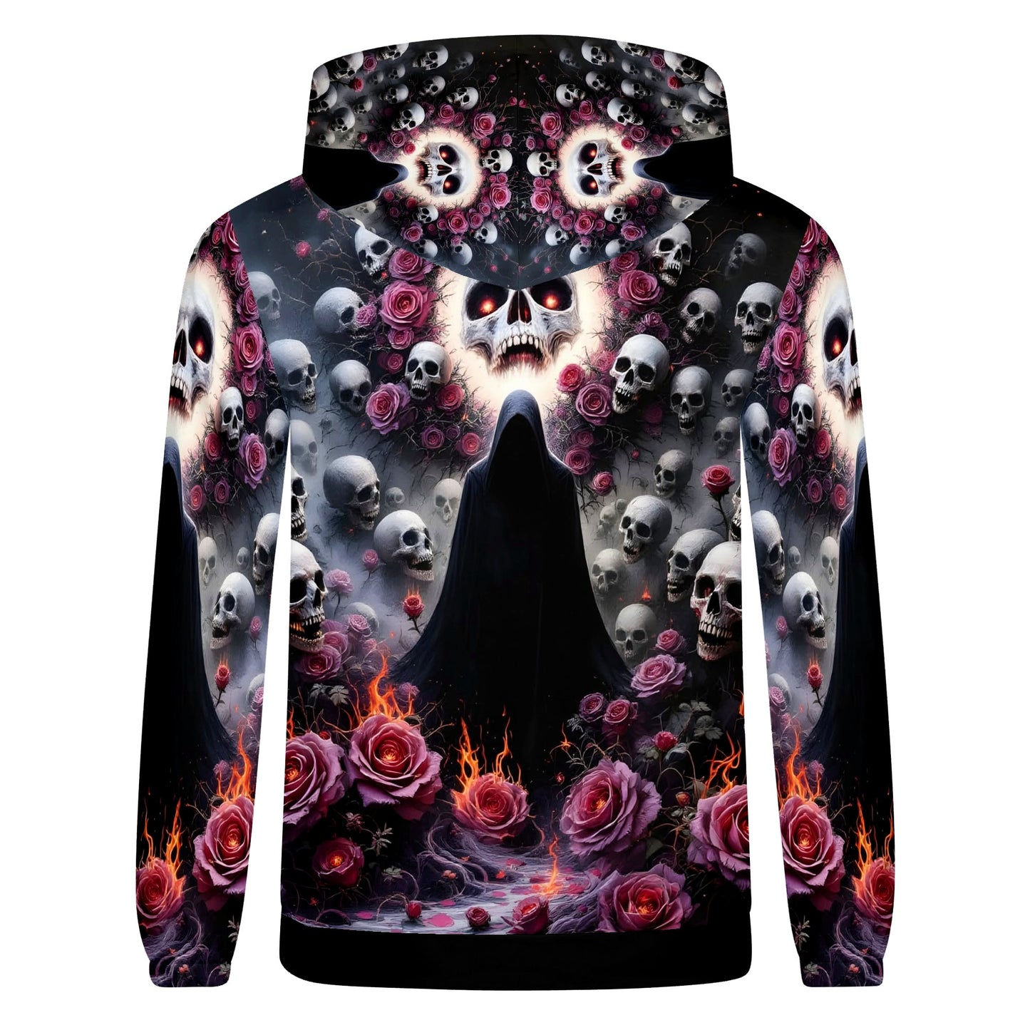 Enigmatic Symphony Cotton Terry hoodie with dark skull and rose design and mysterious cloaked figure