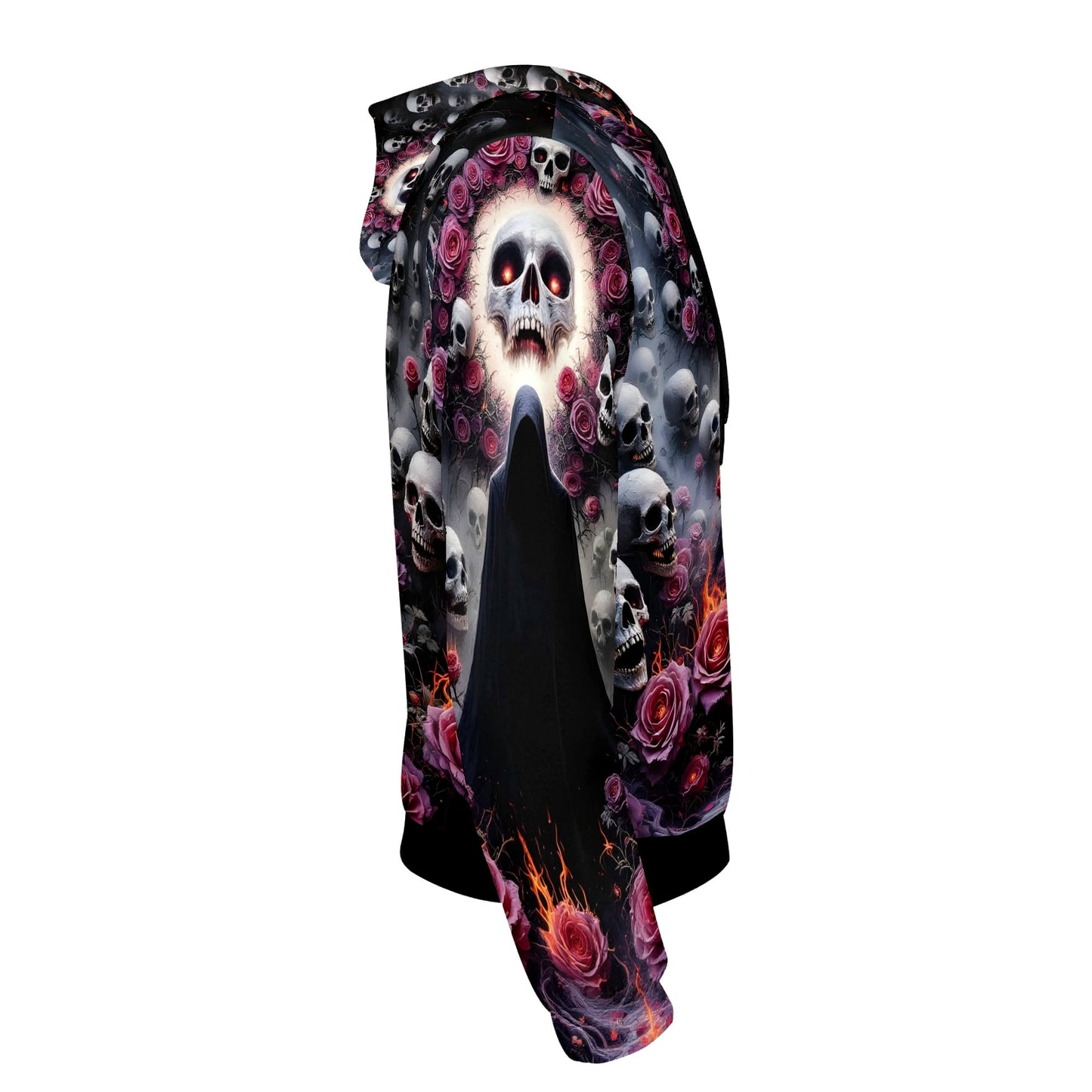 Enigmatic Symphony Cotton Terry hoodie by Loud and Lethal featuring skull and rose design on black background