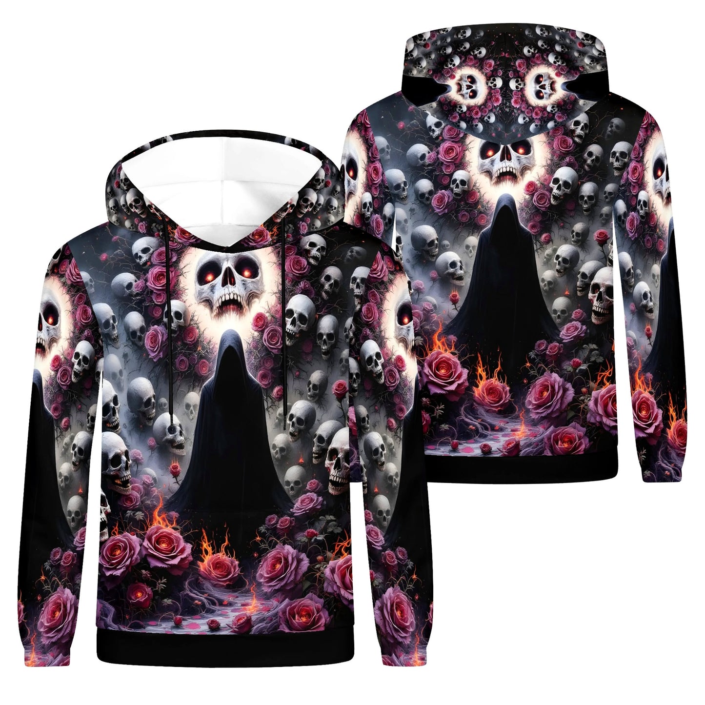 Enigmatic Symphony Cotton Terry hoodie with skulls, roses, and dark mysterious figure design by Loud and Lethal