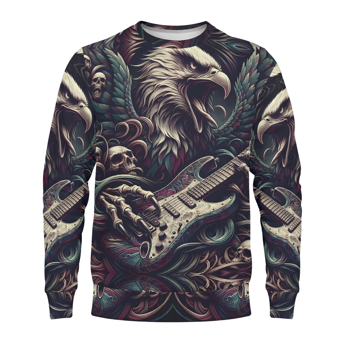 Loud and Lethal Eagle Rock Poly French Terry Sweatshirt unisex graphic sweater with roaring eagle skulls and electric guitar
