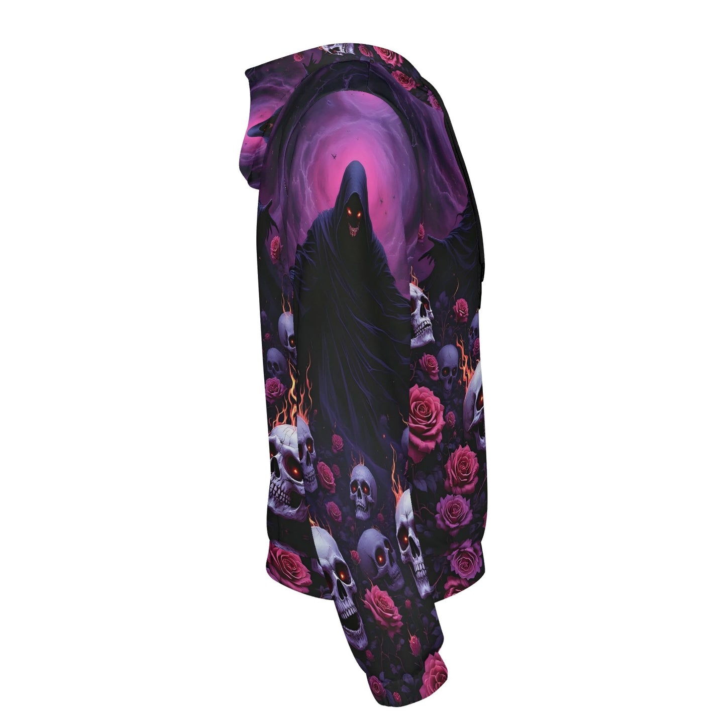 Unisex Eternal Defiance Cotton Terry hoodie by Loud and Lethal with dark hooded figure and skulls design
