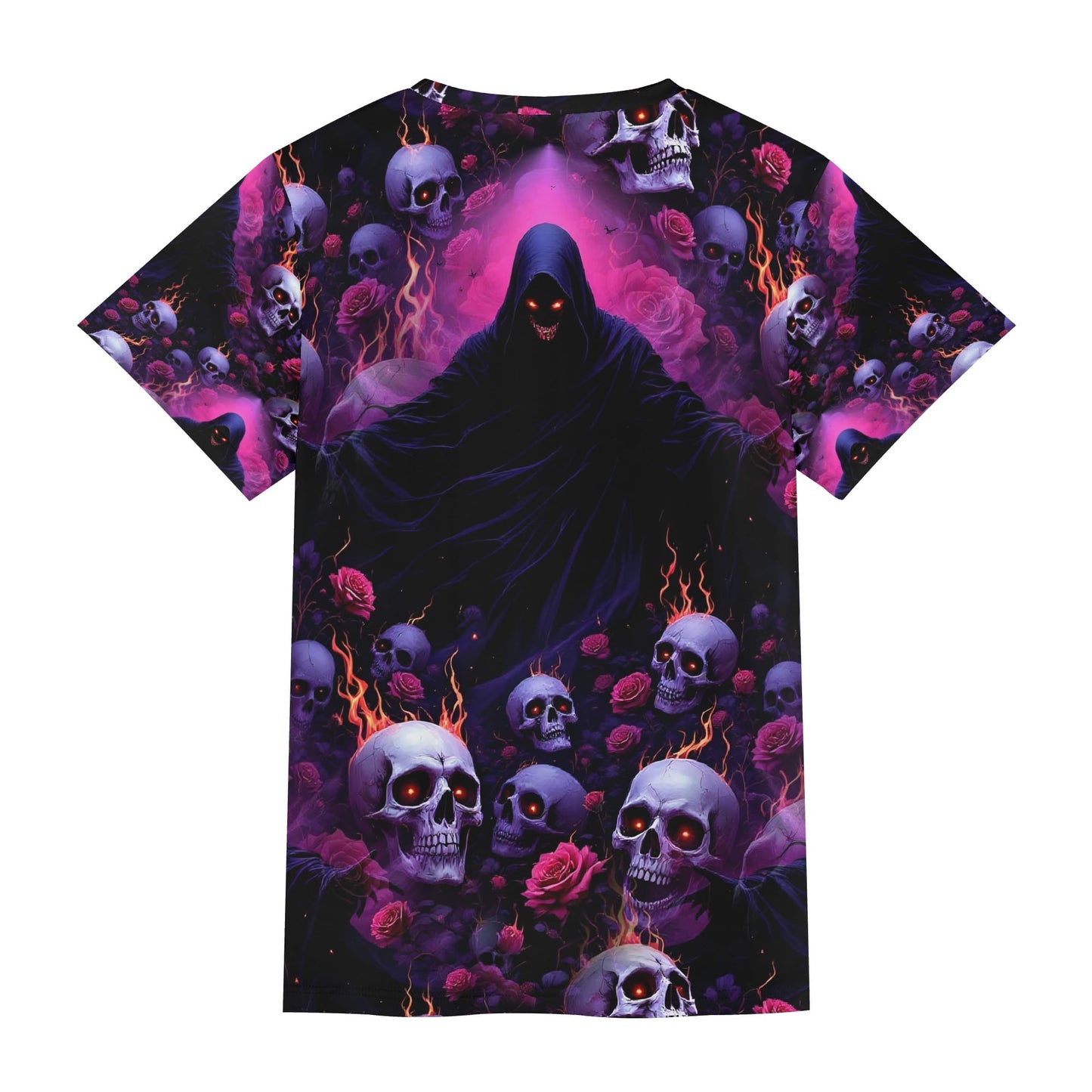Eternal Defiance Lycra T-Shirt by Loud and Lethal featuring dark hooded figure and glowing skulls on a purple background