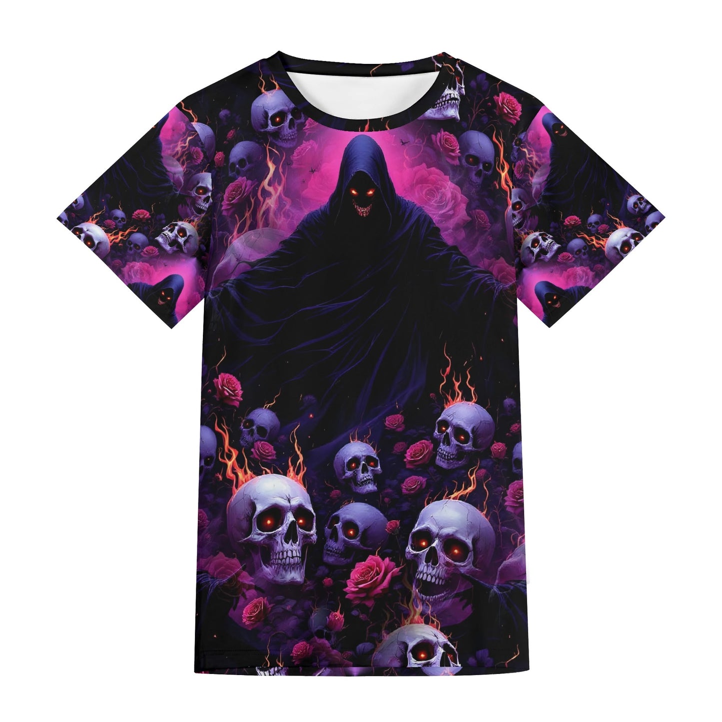 Eternal Defiance Lycra T-Shirt by Loud and Lethal featuring dark hooded figure with glowing eyes surrounded by flaming skulls and roses