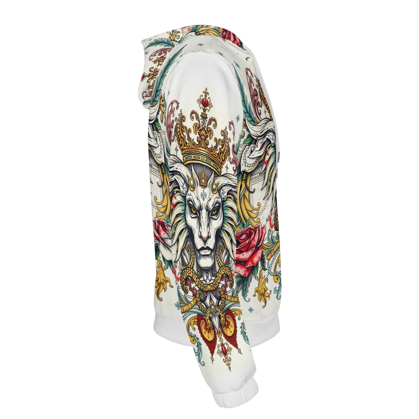 Mystical Majesty Poly French Terry Hoodie Limited Edition. Loud and Lethal unisex white hoodie with crowned lion and roses