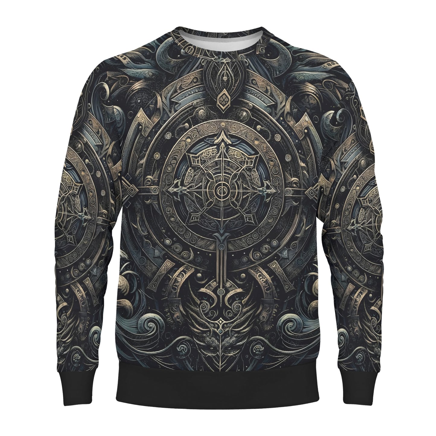 Unisex sweater with ornate metallic compass medallion and wave motifs Chronicles of the Ether Poly French Terry Sweatshirt