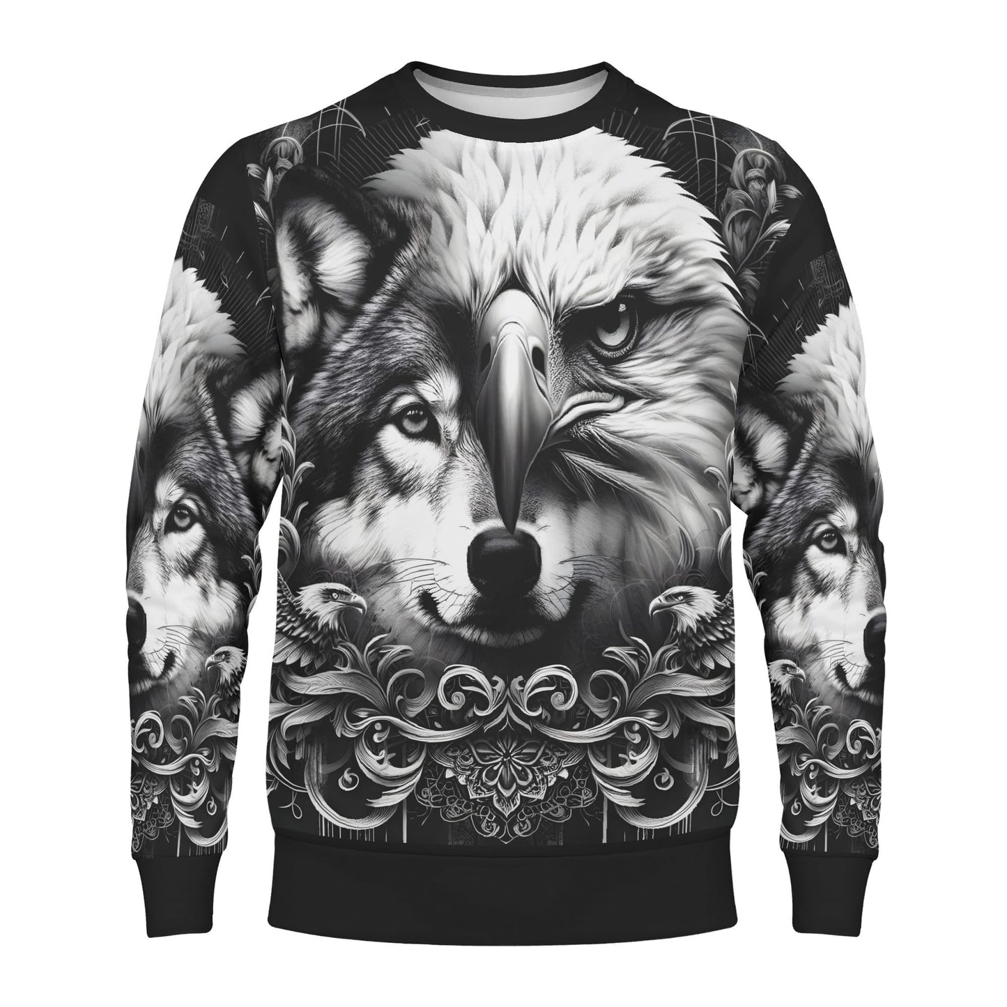 Loud and Lethal unisex Wolf and Wings Poly French Terry Sweatshirt black white wolf eagle face ornate design