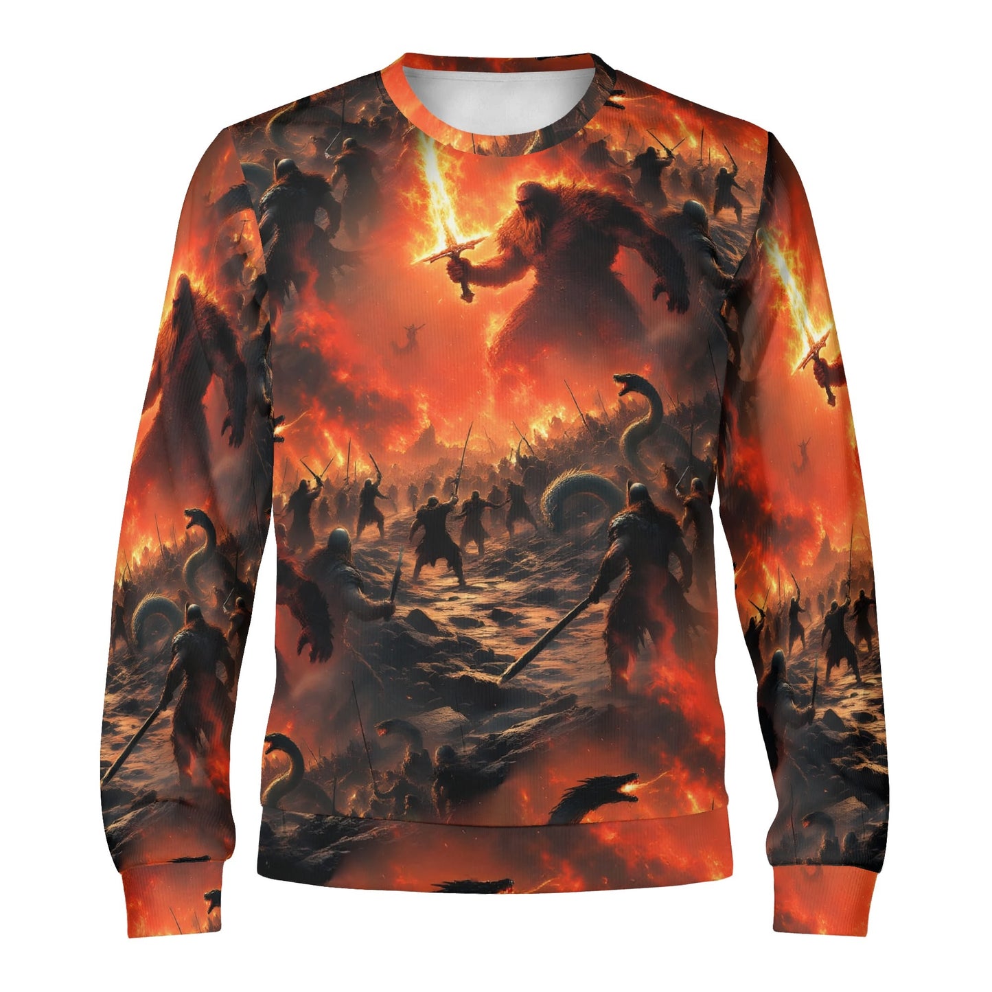 Loud and Lethal unisex sweater featuring epic fiery battlefield print Fire and Blood Poly French Terry Sweatshirt perfect for fans