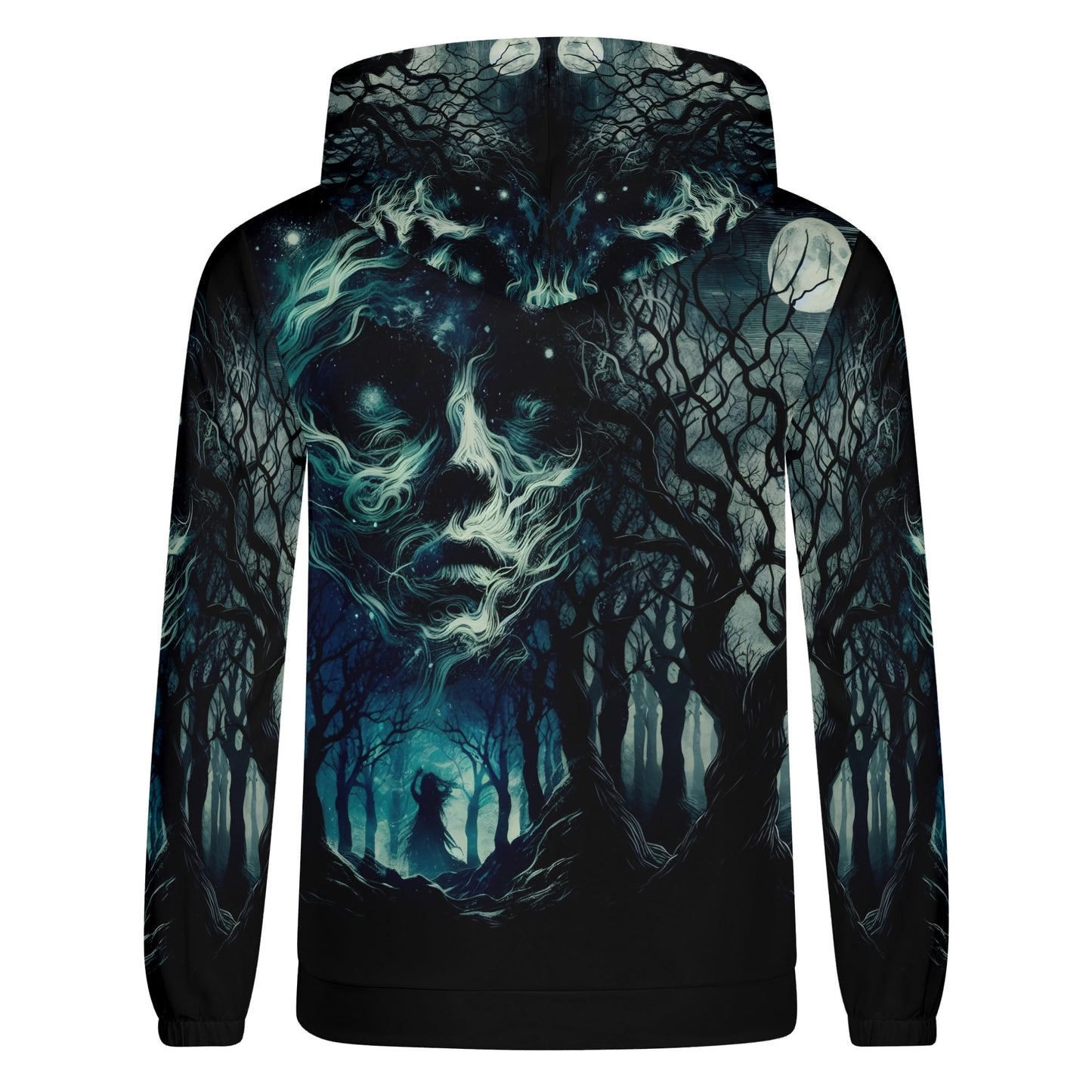 Fear of the Dark Cotton Terry hoodie with eerie forest and ghostly face design by Loud and Lethal