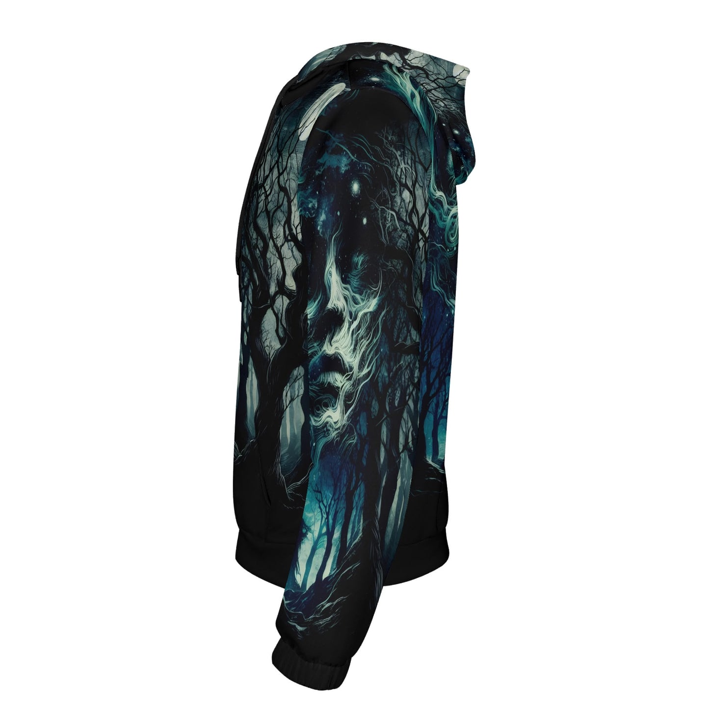 Side view of Loud and Lethal Fear of the Dark Cotton Terry hoodie with dark forest and eerie face design