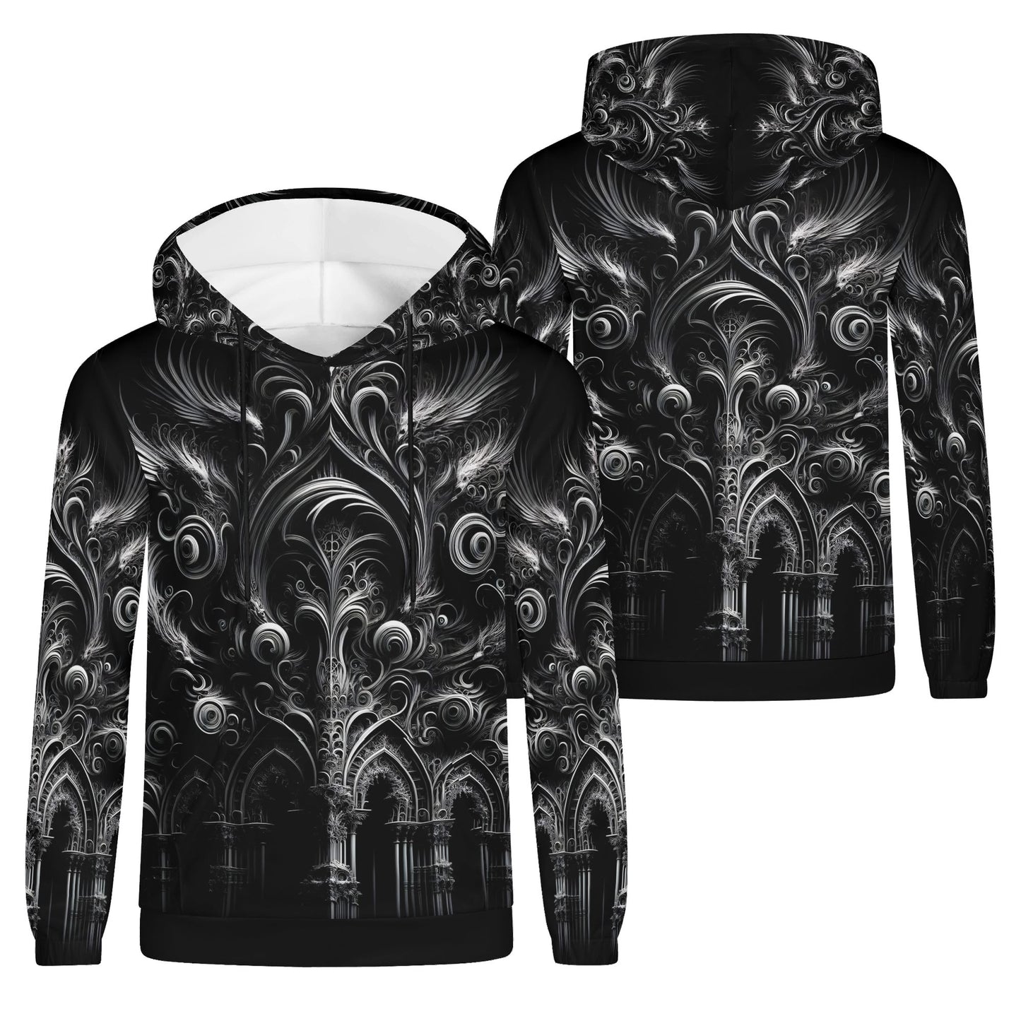 Feathers of the Abyss Cotton Terry Hoodie by Loud and Lethal with intricate black and gray gothic feather design