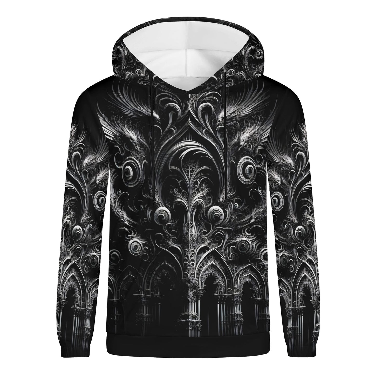 Feathers of the Abyss Cotton Terry Hoodie unisex black hoodie with intricate dark feather and gothic architectural design