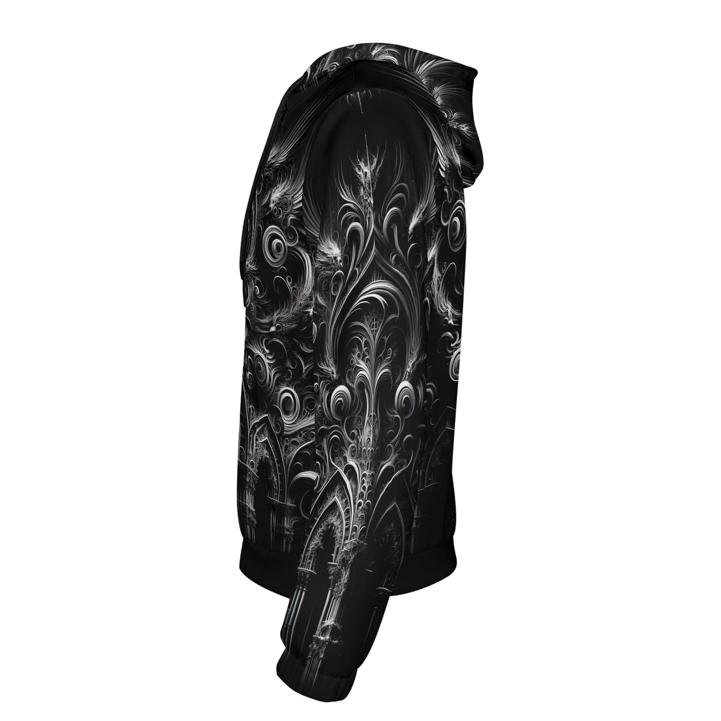 Loud and Lethal Feathers of the Abyss Cotton Terry Hoodie black unisex hoodie with intricate abstract feather design