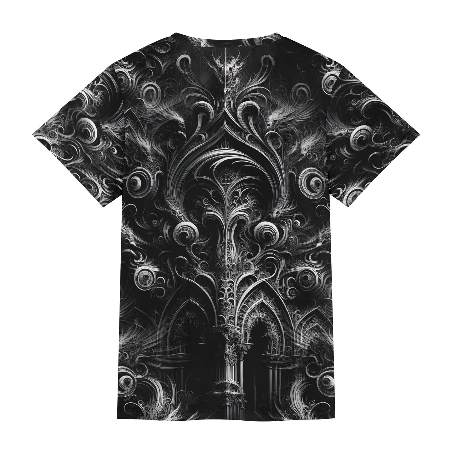 Feathers of the Abyss Lycra T-Shirt by Loud and Lethal with black intricate gothic swirl design