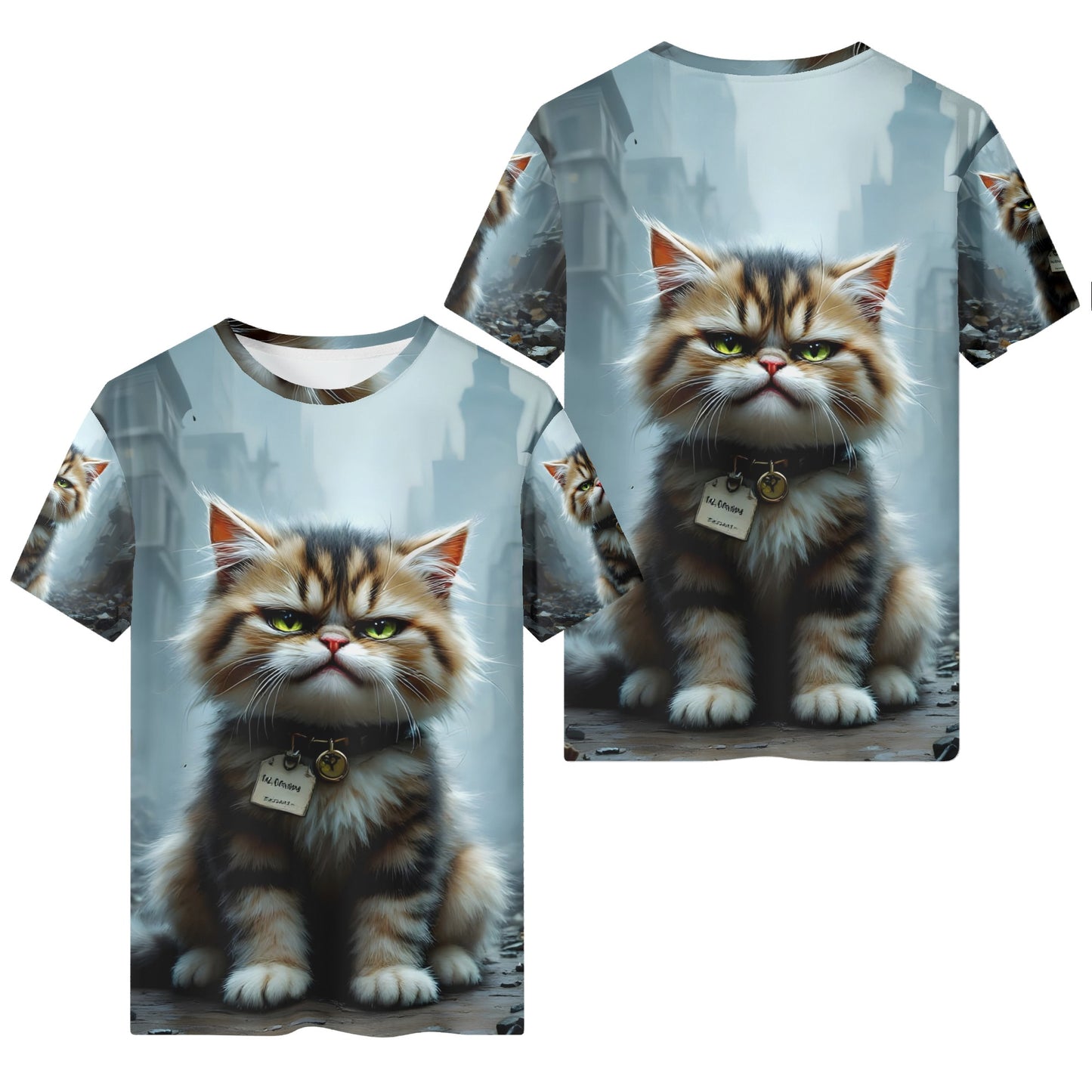 Feline Resilience Organic Cotton Kids T-Shirt featuring a determined cat graphic on front and back