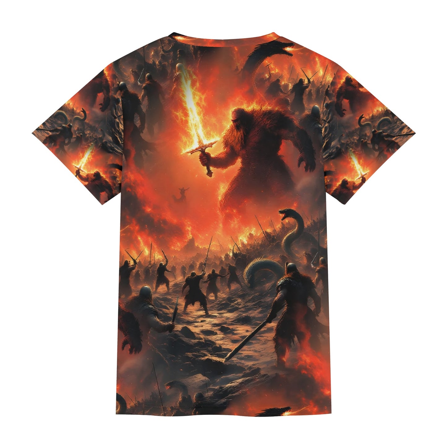 Fire and Blood Lycra T-Shirt by Loud and Lethal featuring fiery battle scene with warriors and a giant wielding a flaming sword