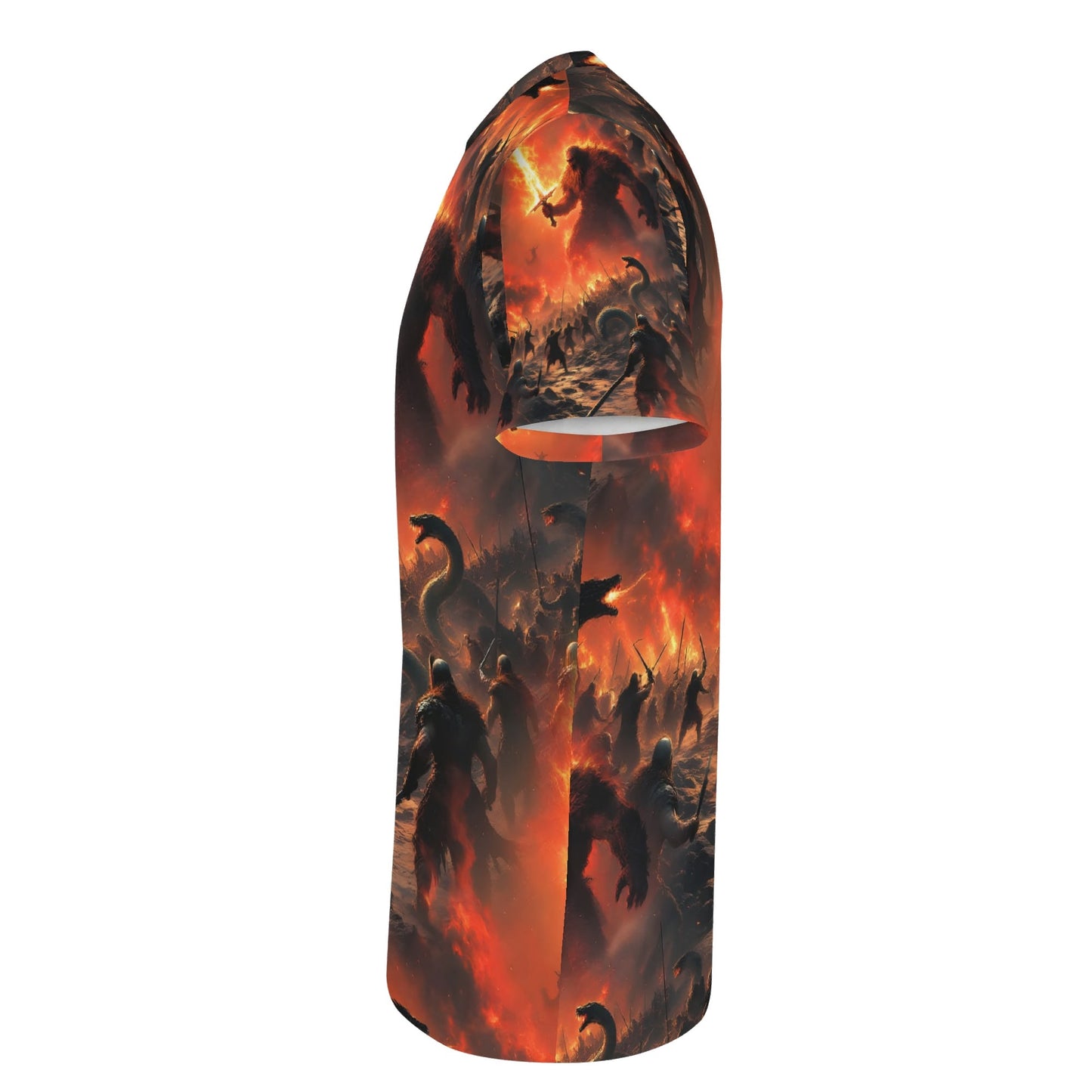 Side view of Loud and Lethal Fire and Blood Lycra T-Shirt with fiery battle design on unisex fit