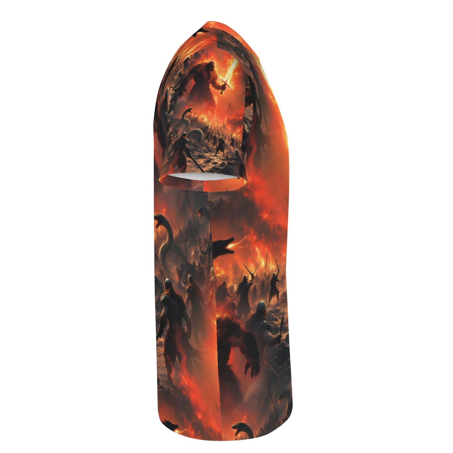 Side view of Loud and Lethal Fire and Blood Lycra T-Shirt featuring fiery battle scene design