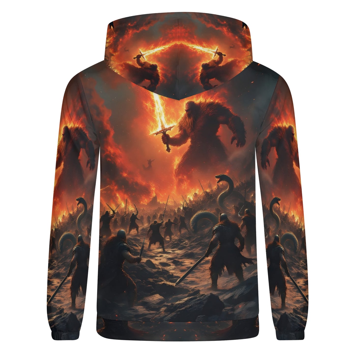 Fire and Blood Poly French Terry hoodie with fiery battle scene and giant warrior design by Loud and Lethal