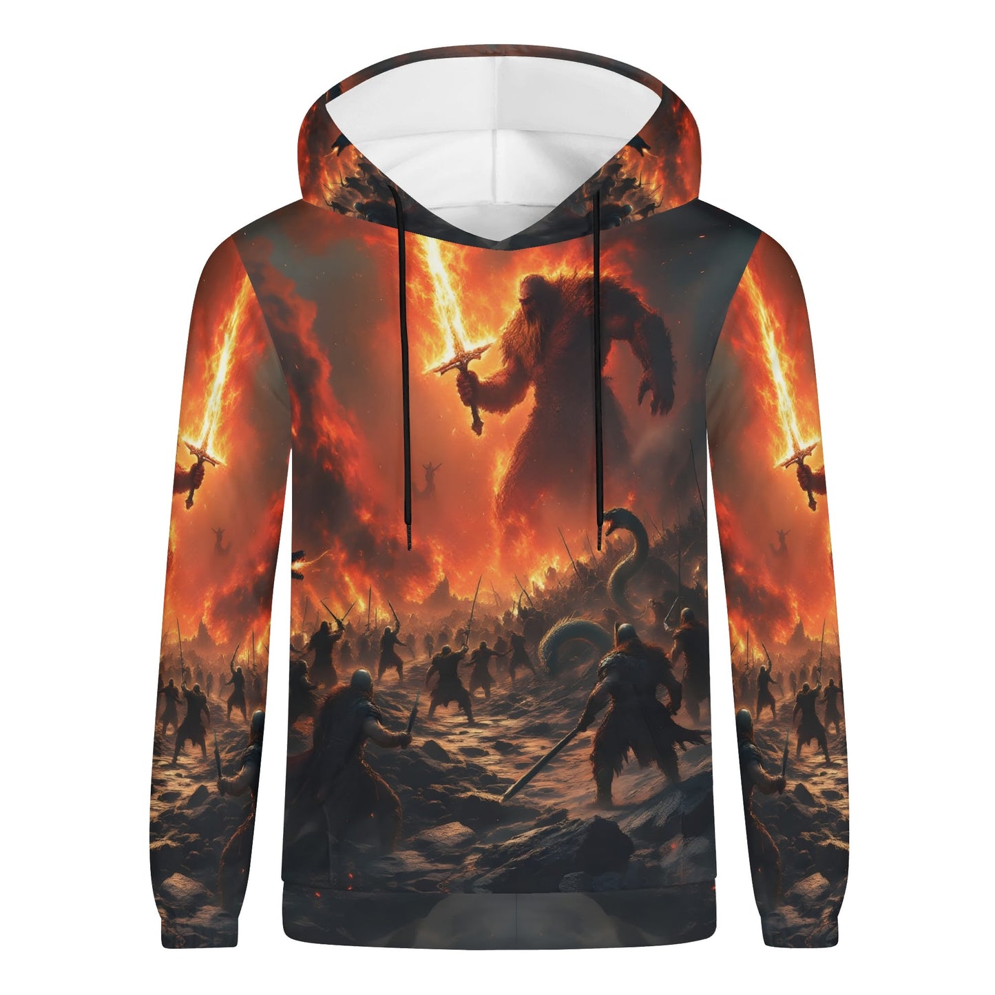 Fire and Blood Poly French Terry hoodie by Loud and Lethal featuring a fiery battle scene with a giant warrior and sword