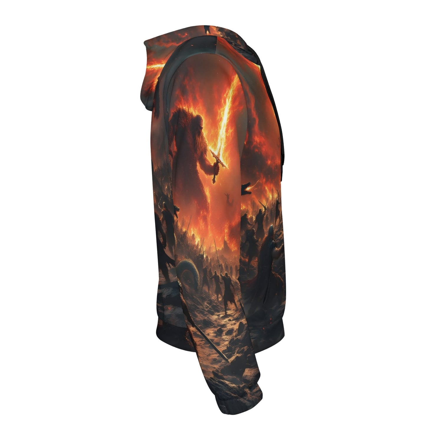 Side view of Fire and Blood Poly French Terry hoodie with fiery battle design by Loud and Lethal