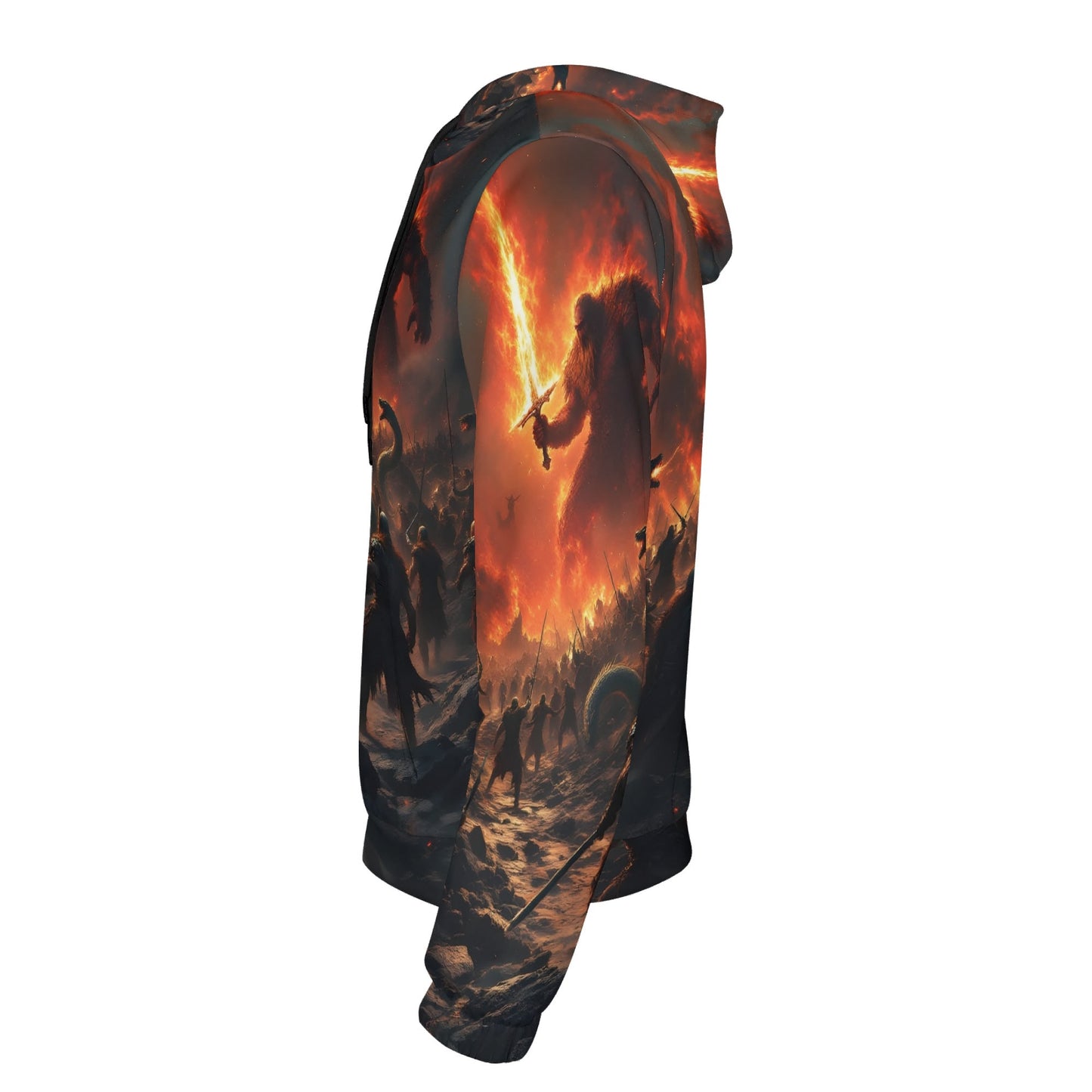 Loud and Lethal Fire and Blood Poly French Terry hoodie with fiery warrior battle design unisex