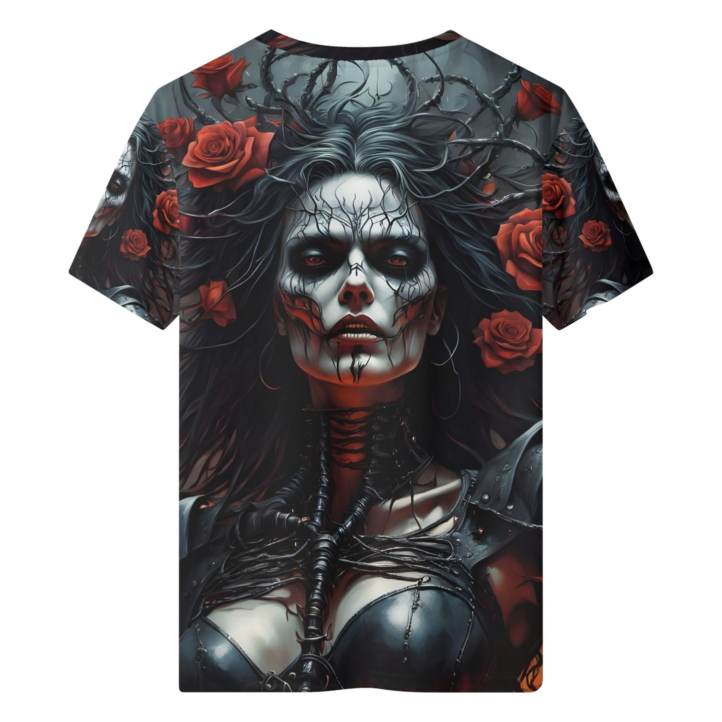 Firepunk Fantasia 100 Cotton T-Shirt featuring dark fantasy art of a woman with skull makeup and red roses