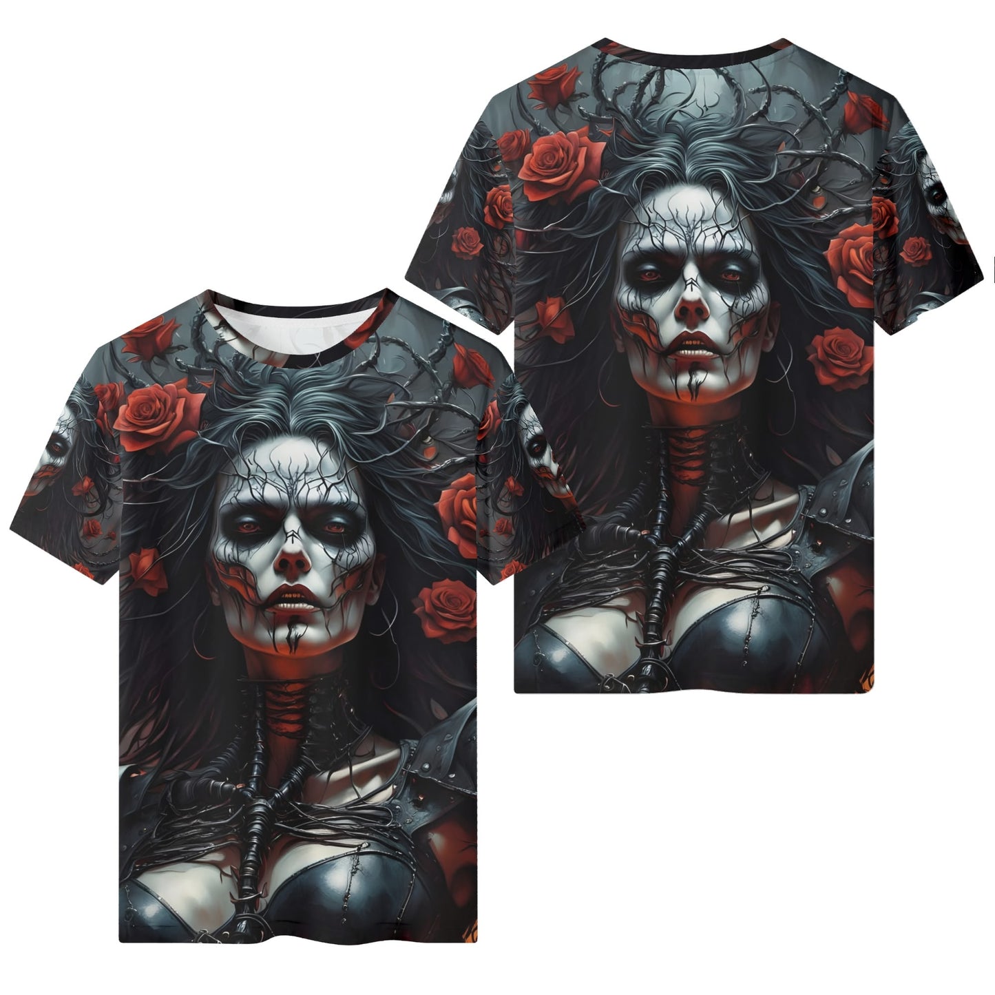 Firepunk Fantasia 100 Cotton T-Shirt featuring dark gothic woman with skull makeup and red roses design