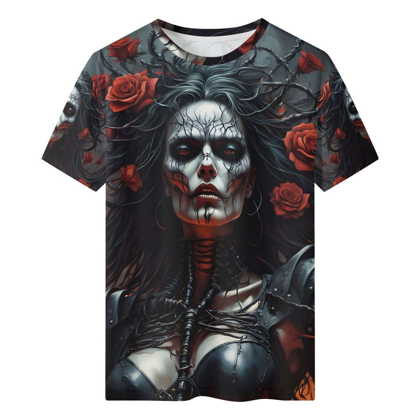 Firepunk Fantasia 100 Cotton T-Shirt with dark gothic woman skull face and red roses design