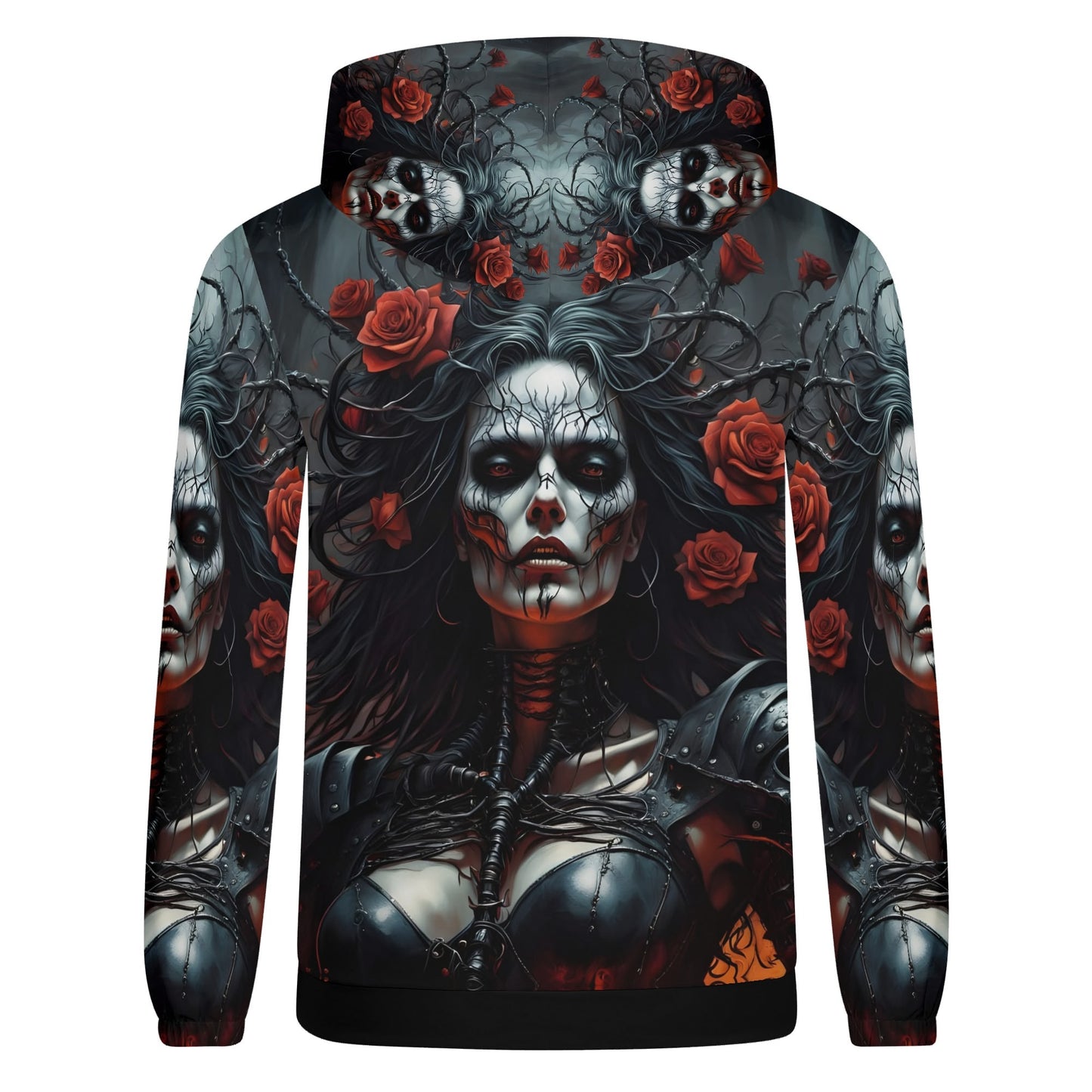 Firepunk Fantasia Poly French Terry hoodie featuring a dark gothic woman with face paint and red roses design