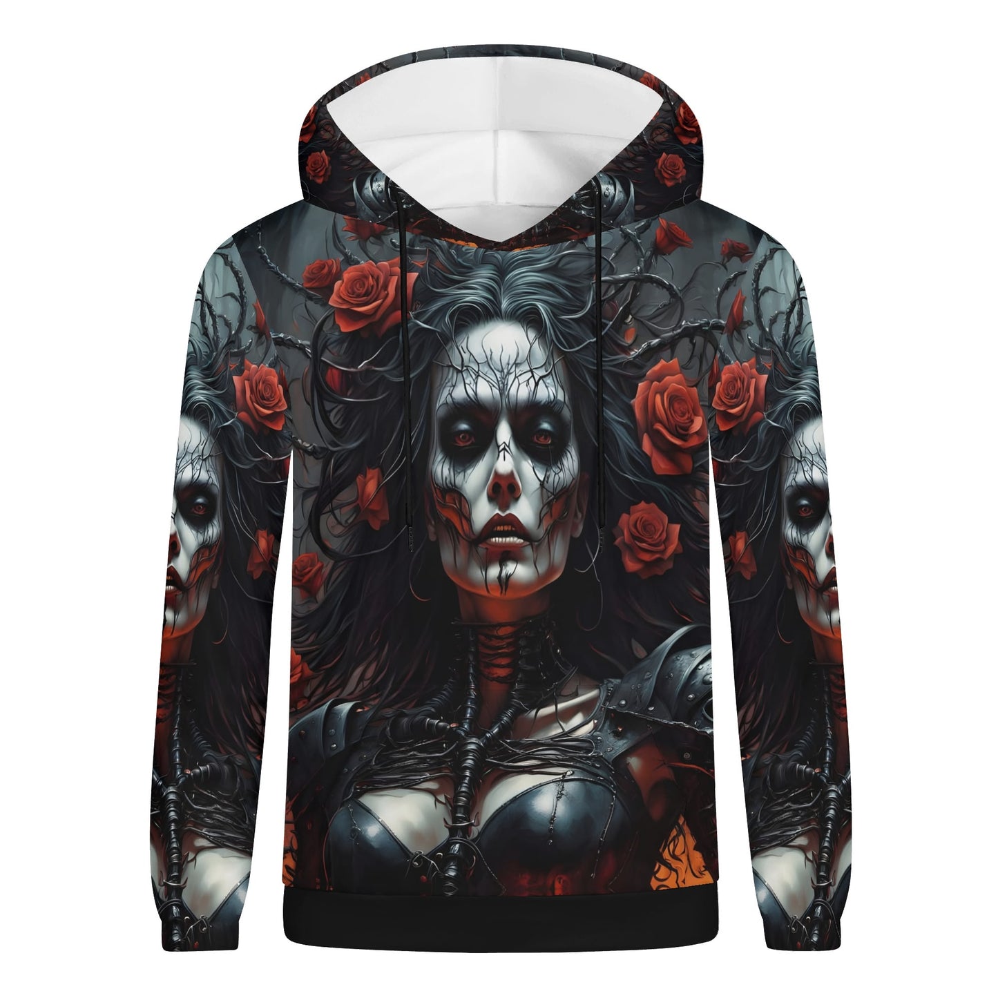Firepunk Fantasia Poly French Terry hoodie featuring dark gothic skull woman with red roses design