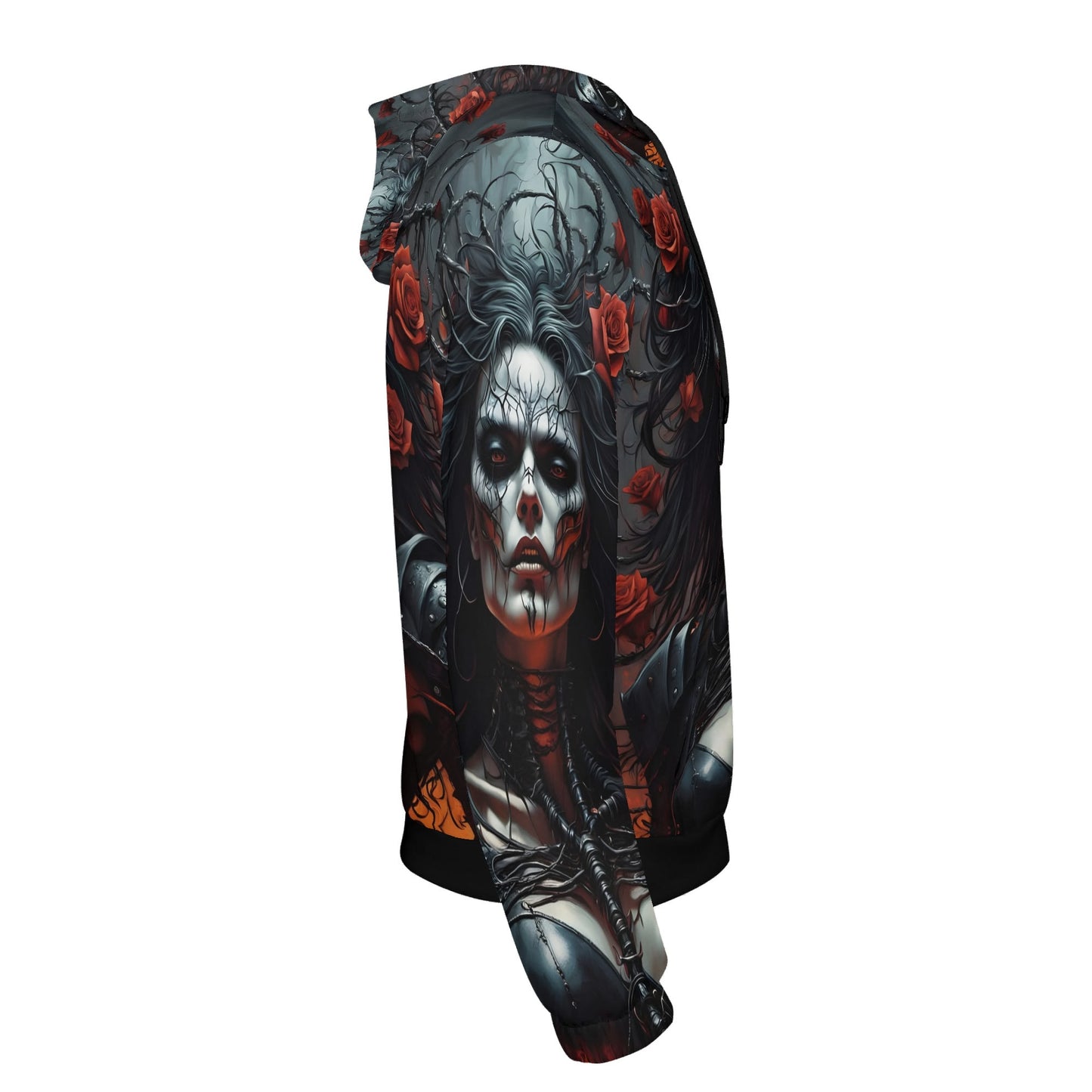 Firepunk Fantasia Poly French Terry hoodie by Loud and Lethal featuring dark skull art with red roses