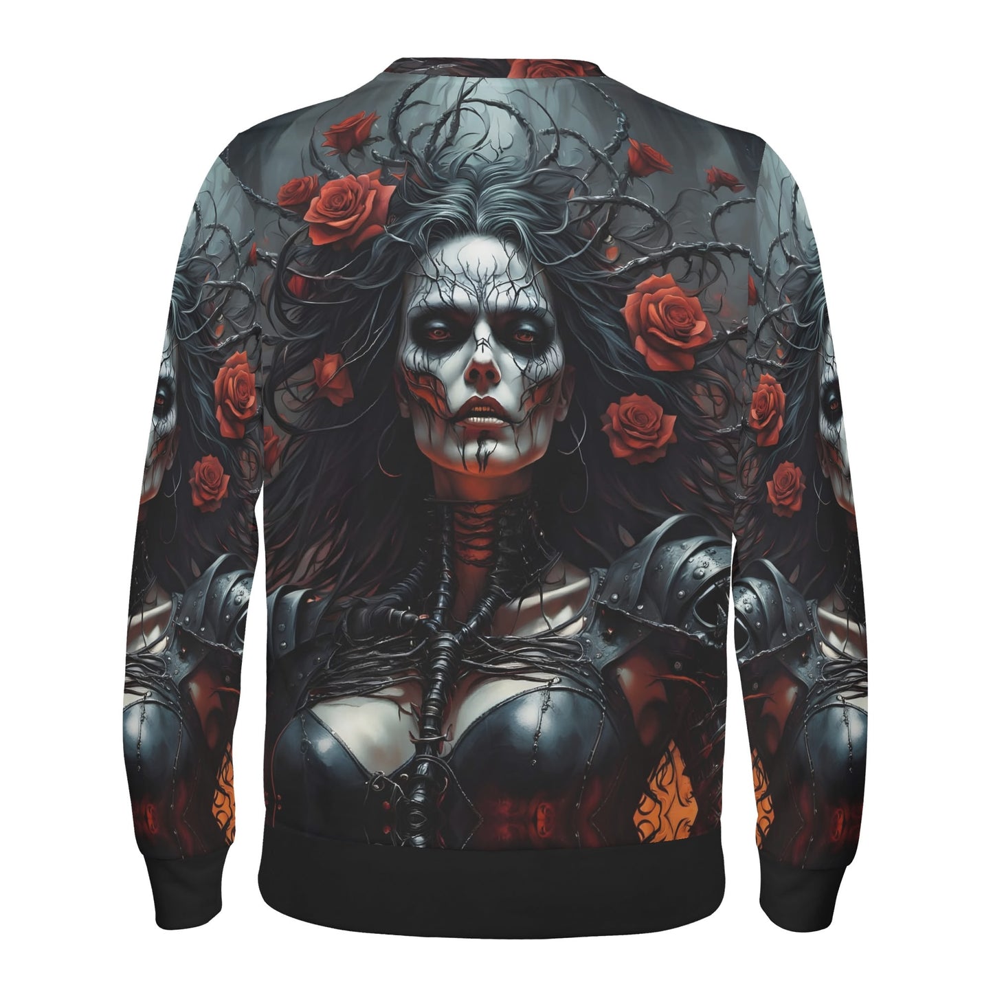 Loud and Lethal Firepunk Fantasia Poly French Terry Sweatshirt unisex sweater with gothic skull woman red roses and thorned armor