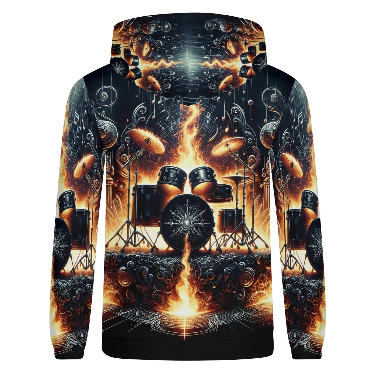 Firestorm Drums Poly French Terry hoodie with fiery drum set graphic and loud vibrant design