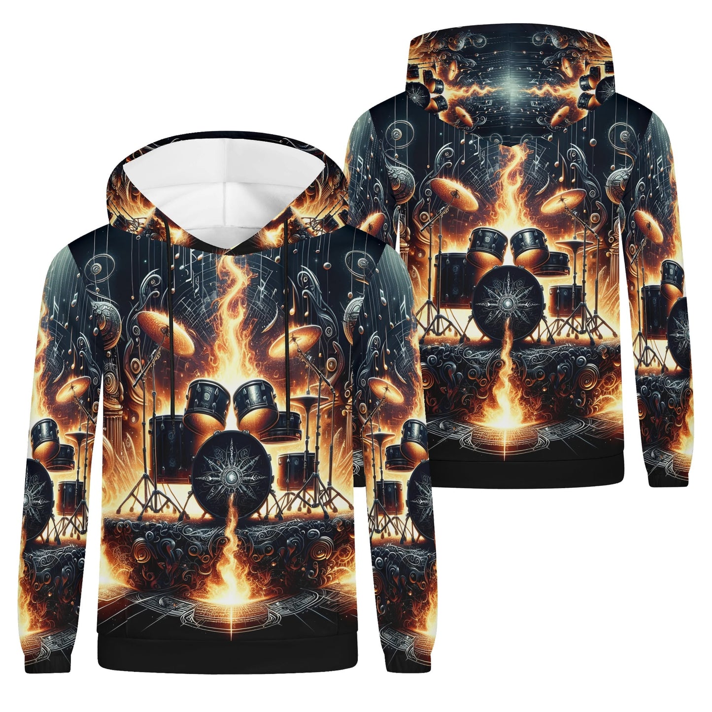 Firestorm Drums Poly French Terry hoodie with fiery drum set graphic in black and orange tones