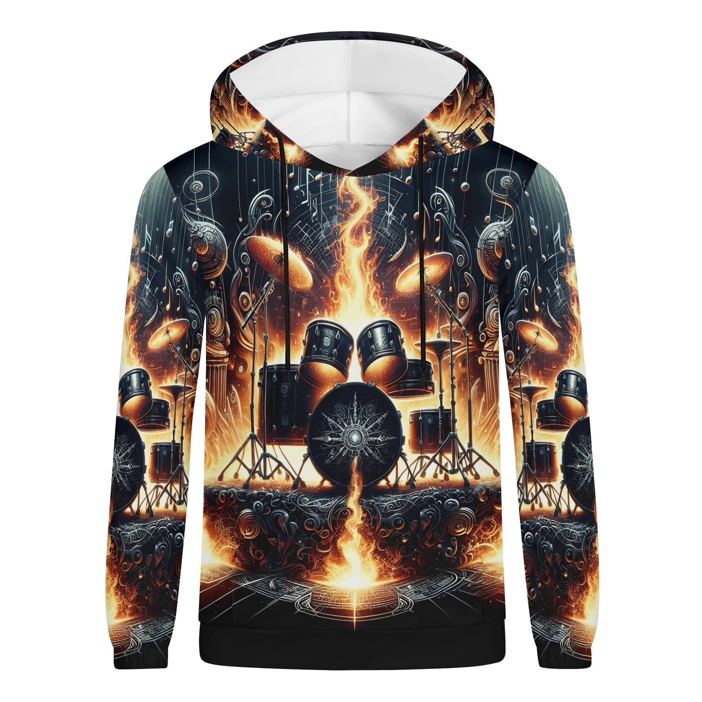 Firestorm Drums Poly French Terry hoodie by Loud and Lethal featuring fiery drum set graphic on black background