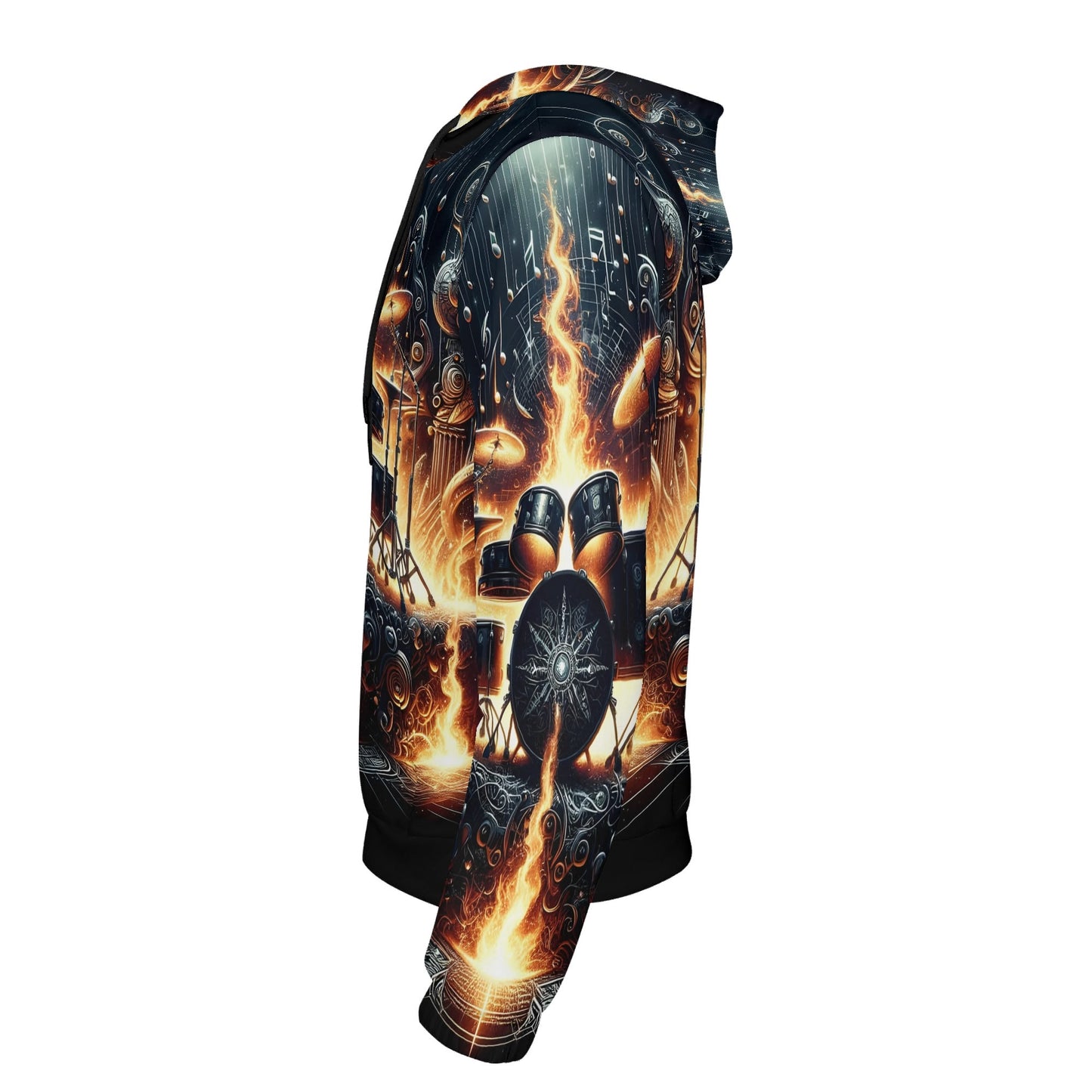 Side view of Loud and Lethal Firestorm Drums Poly French Terry hoodie with fiery drum design