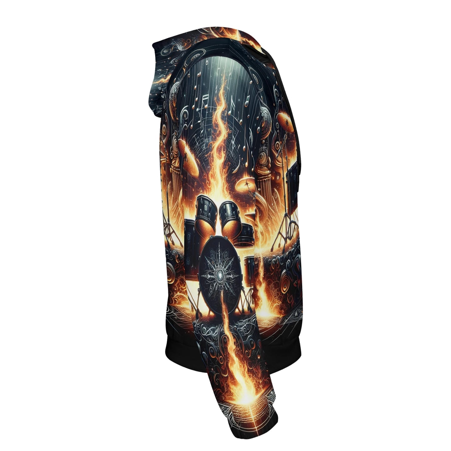 Firestorm Drums Poly French Terry hoodie by Loud and Lethal with fiery drum set design on black fabric