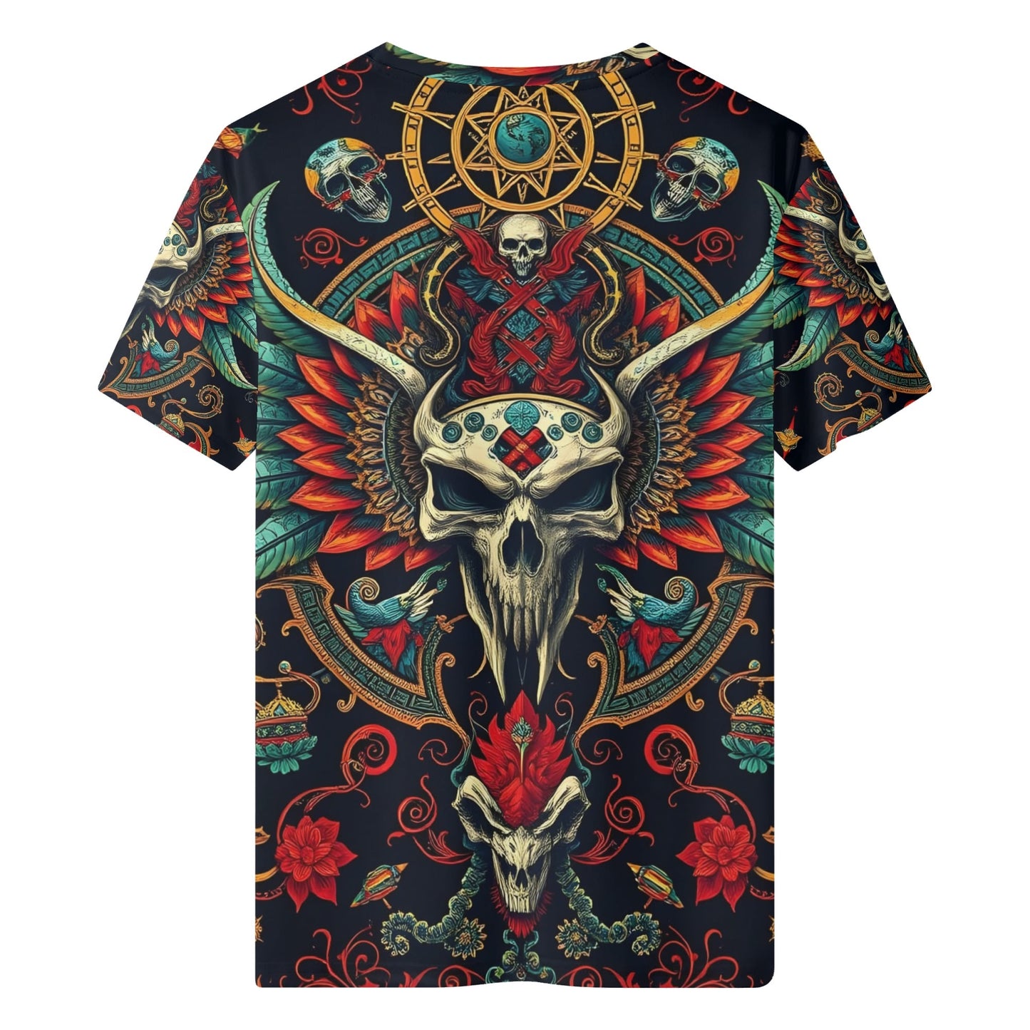 Flourish of Rebellion Organic Cotton T-Shirt Limited Edition unisex black tee with ornate horned skull wings and floral mandala