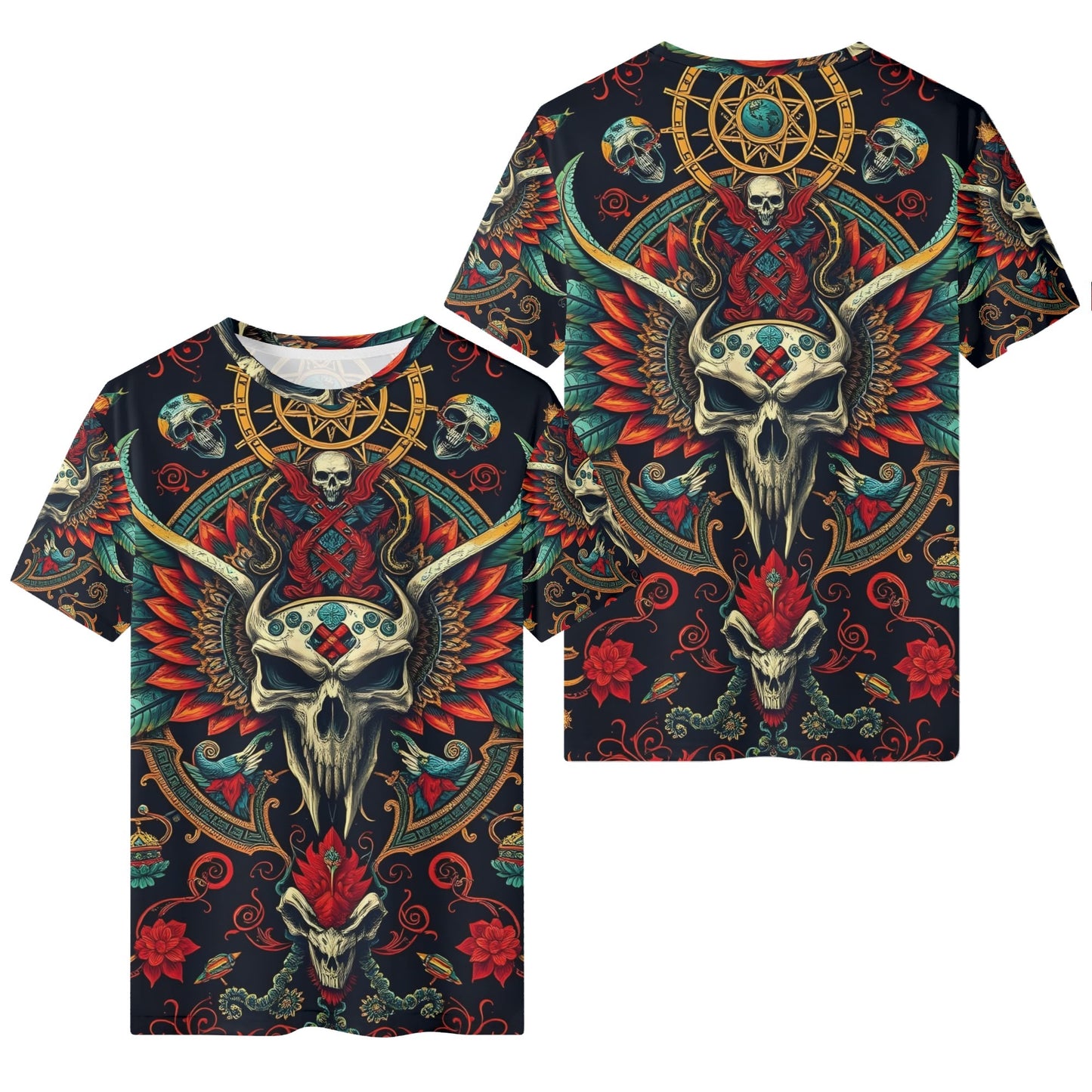 Flourish of Rebellion Organic Cotton T-Shirt Limited Edition unisex tee ornate winged skull and red floral print